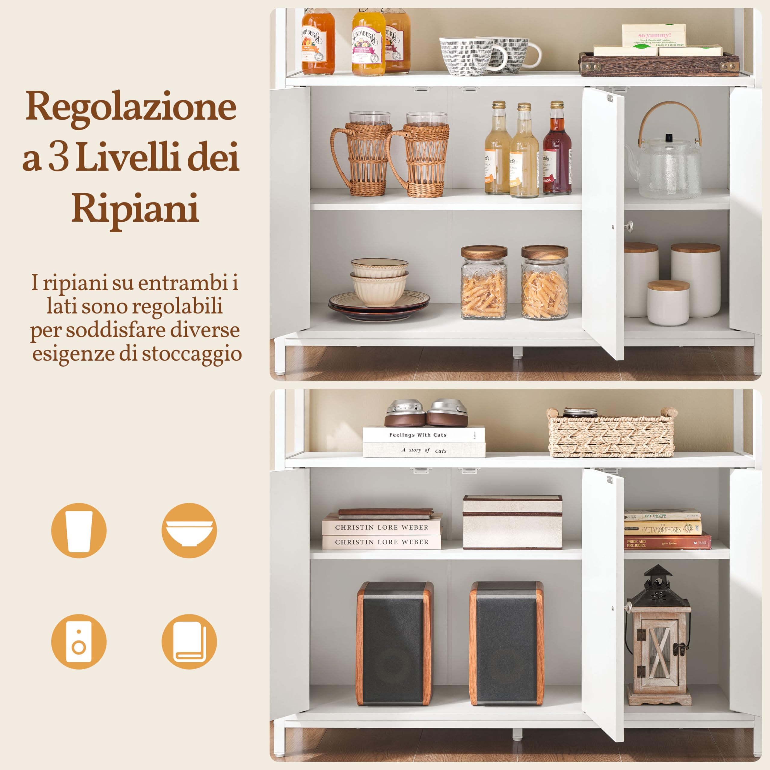 Yaheetech Credenza a 3 Ante Mobile da Cucina Armadietto Organizzatore con Ripiani Regolabili e Scomparto Aperto 100x35x81,5 cm per Sala da Pranzo e Soggiorno