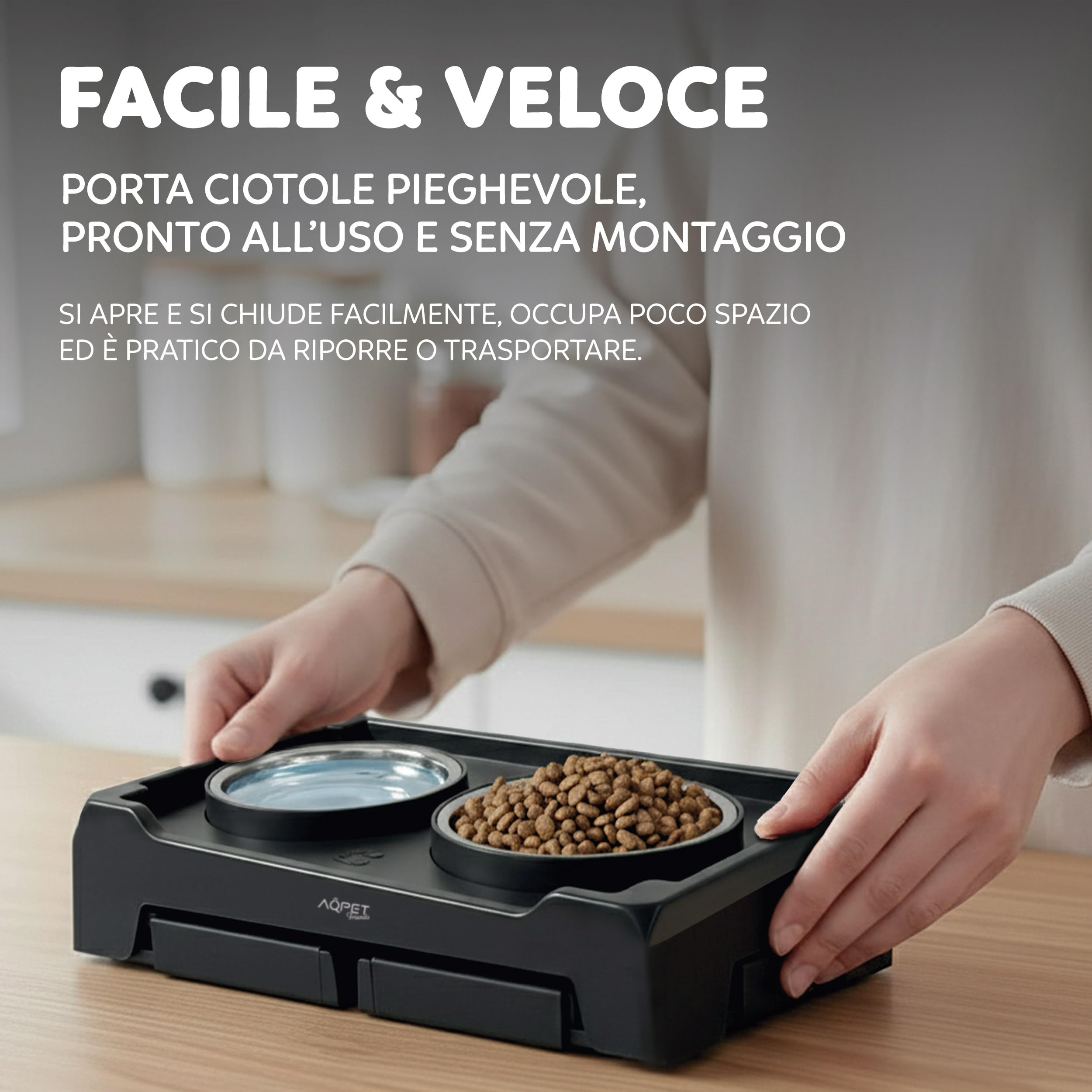 AqpetFriends Porta Ciotole Rialzato per Cani a 3 Livelli Regolabili – Supporto Antiscivolo 40x22x8-26h cm con 2 Ciotole in Acciaio Inox Ø14 cm – Migliora la Postura Durante il Pasto