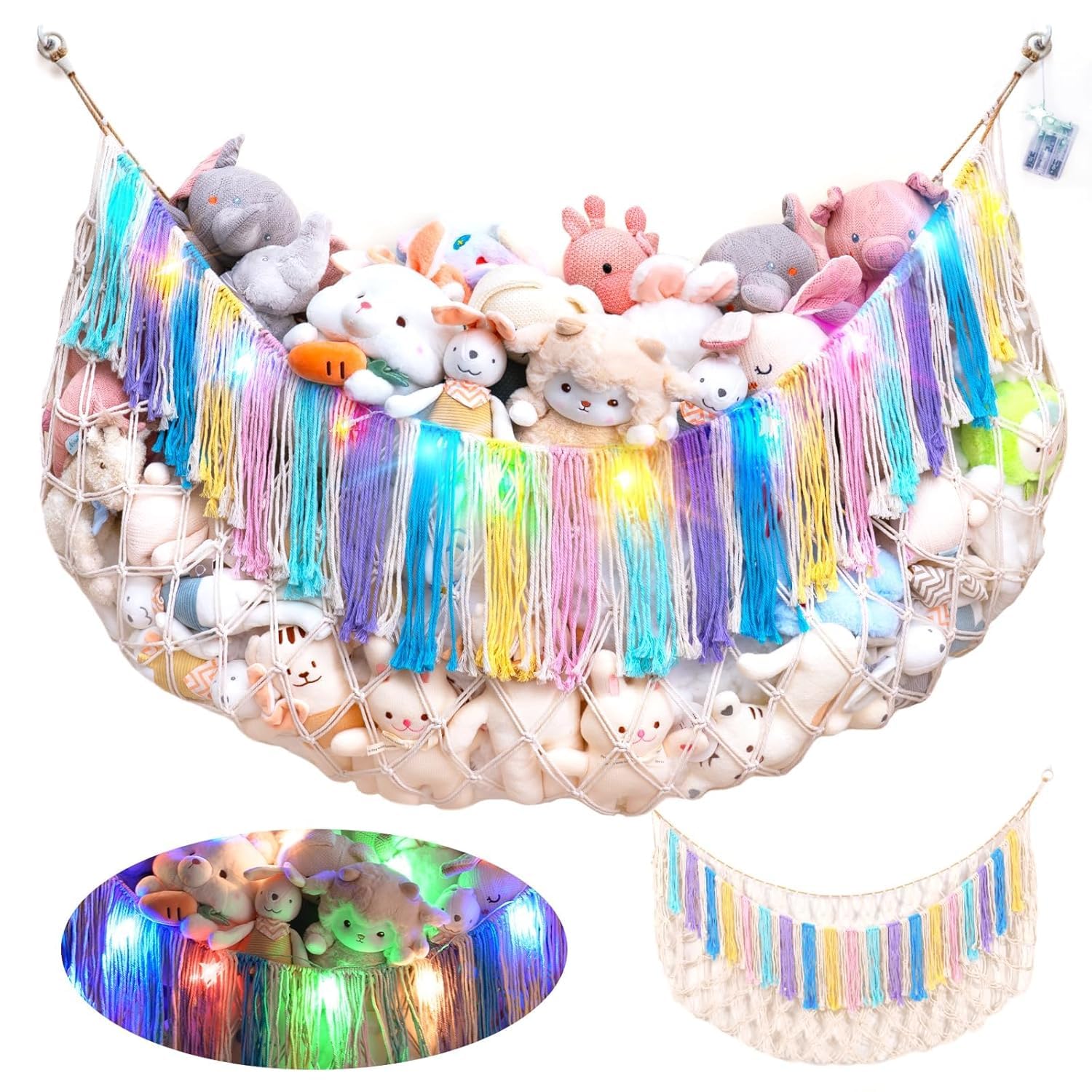 KOHUIJOO Stuffed Animal Hammock, Jumbo Stuffed Animal Net Wall Hanging Corner Toy Hammock with Led Lights Tassel Macrame Mesh Stuffed Animal Storage Toy Net Holder (Rainbow)