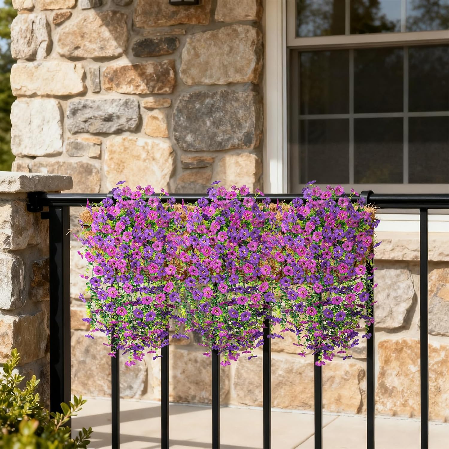 Artificial Hanging Plants Flowers for Outdoor Srpring Summer Decoration, 4pcs Fake Realistic Daisy Eucalyptus for Outdoors, Faux Plastic Greenery Long Vine Indoor Wall Patio Porch Decor, Purple