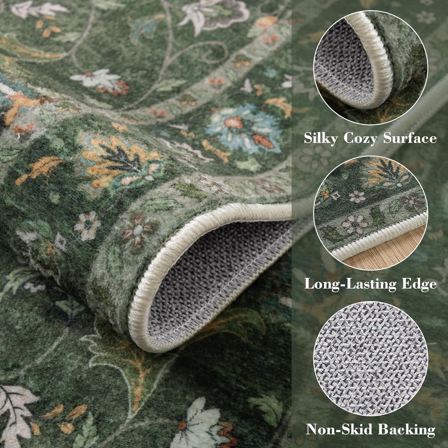 Green,2'6x8' Wonnitar Green Runners for Hallways 2.5x8 Boho Runner Rug, Low Pile Non Slip Washable Kitchen Runner Rug, Vintage Floral Stain Resistant Christmas Runner Rugs Carpet Runner for Bedroom,(Green,2'6x8')