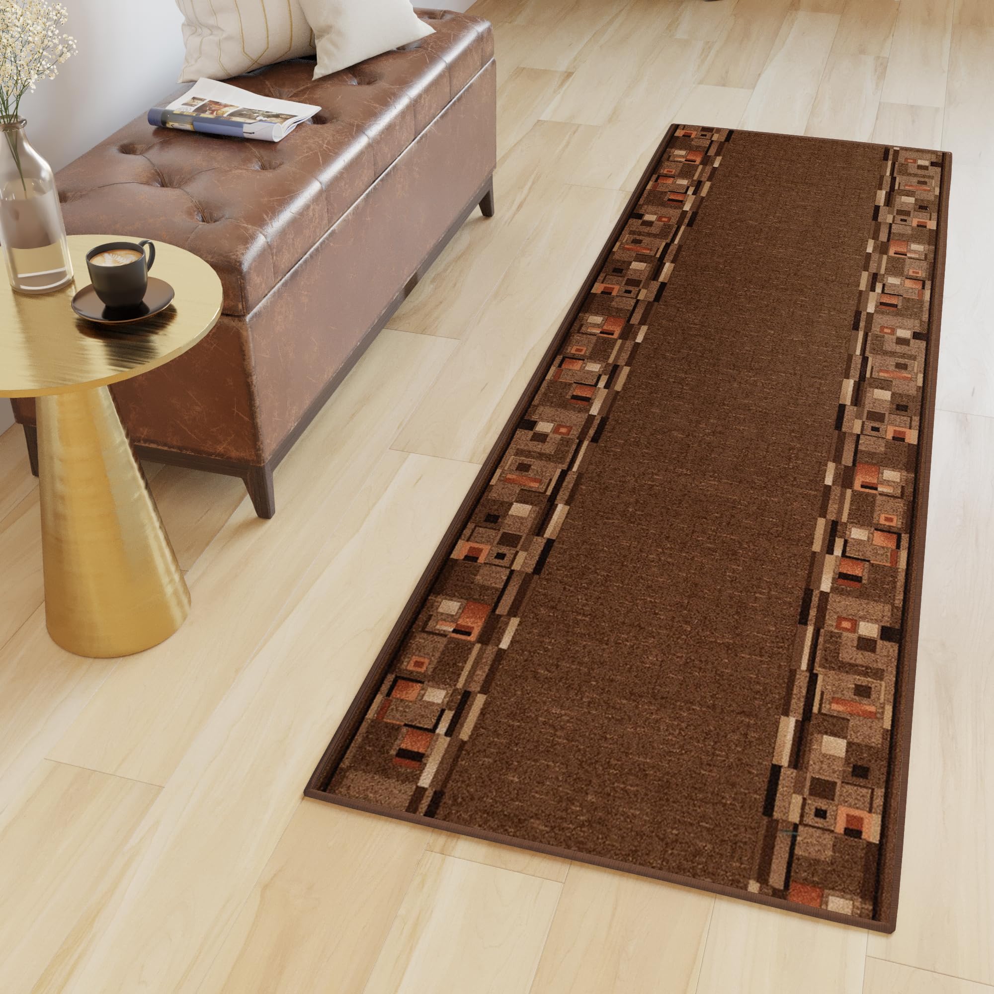 Tapiso Antypoślizgowy dywan chodnik antypoślizgowy most sprzedawany na metry nowoczesny brązowy pomarańczowy kwadratowy figury design korytarz kuchnia salon 67 x 220 cm