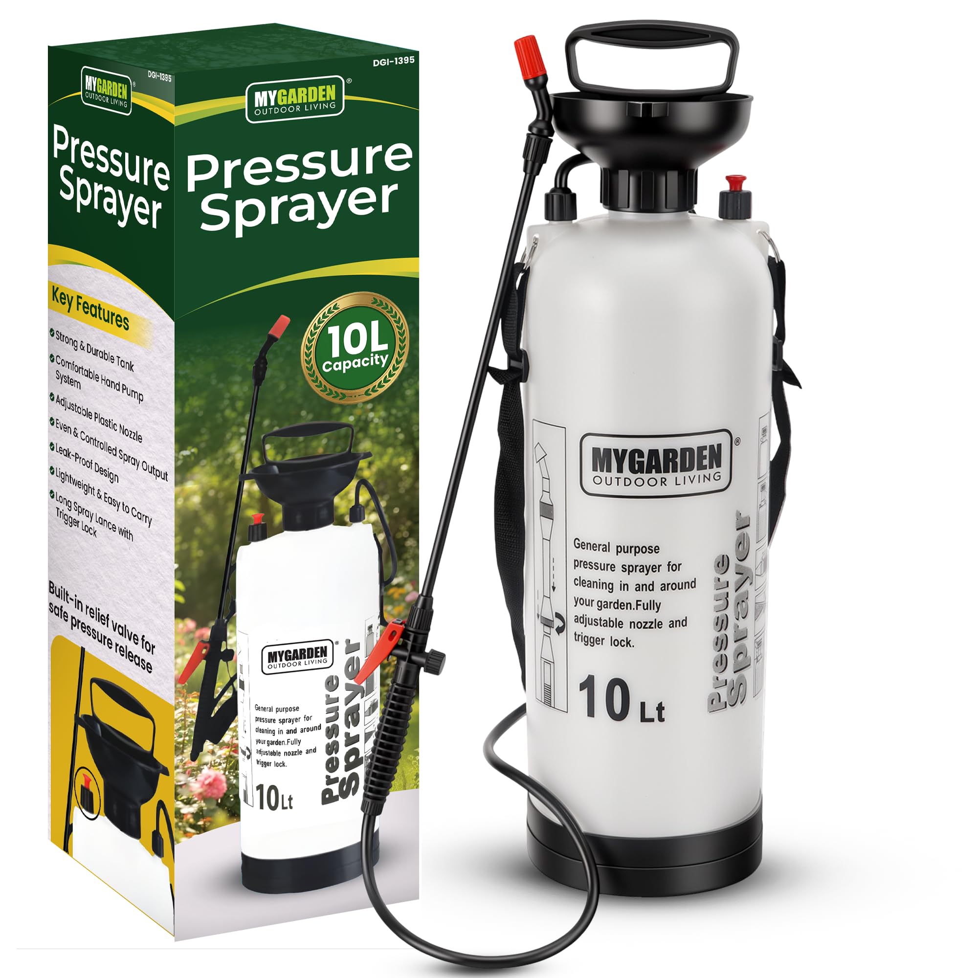 My Garden 10 Litre Sprayer Pump - Weed Killer Pressure Sprayer Pump Action - High Pressure Long Reach Sprayers - Ideal For Spraying Water Fertiliser Herbicides Pesticides Preservative & Detergent