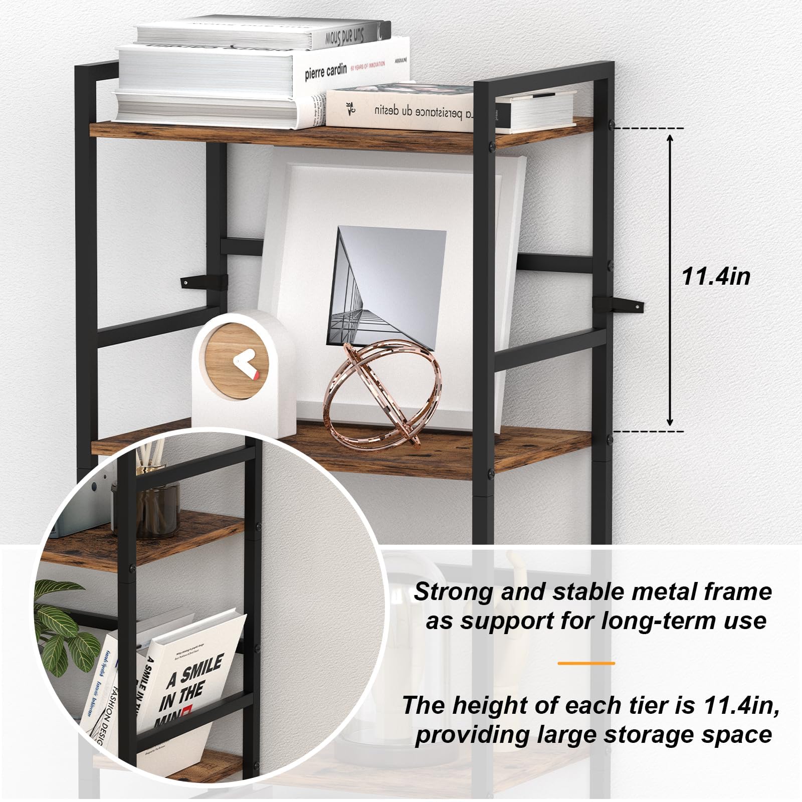 CADUKE Bibliothèque à 5 Étagères, Rack de Rangement Marron Rustique et Noir, Cadre en Bois et Métal, Grande Étagère pour Salon, Chambre, Bureau, Unité de Rangement Ouverte, Design Industriel