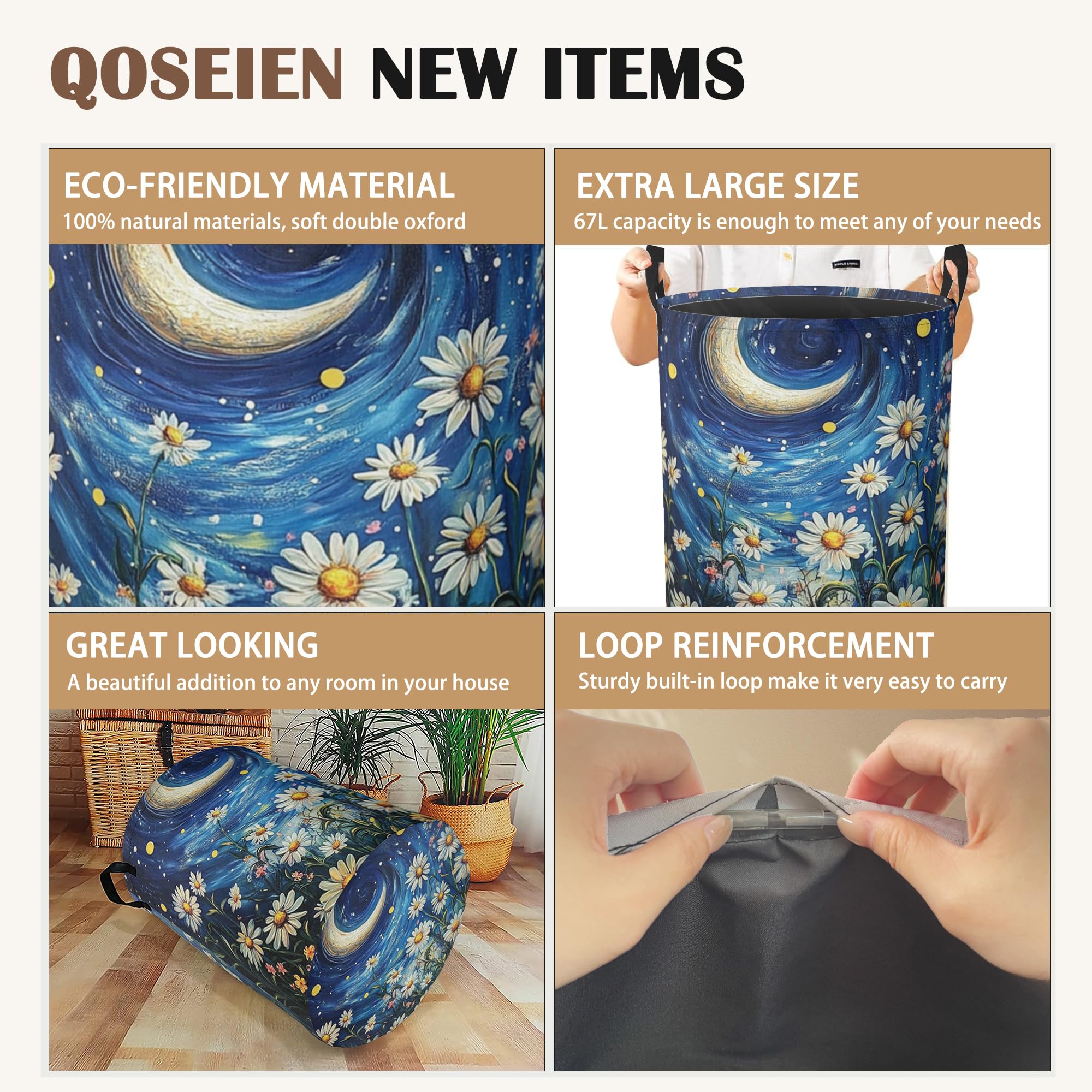 Watercolor Flowers Laundry Basket Night Starry Sky Collapsible Laundry Basket Oxford Cloth Storage Hamper with Easy Carry Handles for Bedroom, Bathroom, and Dorm 16 inchx20.8inch