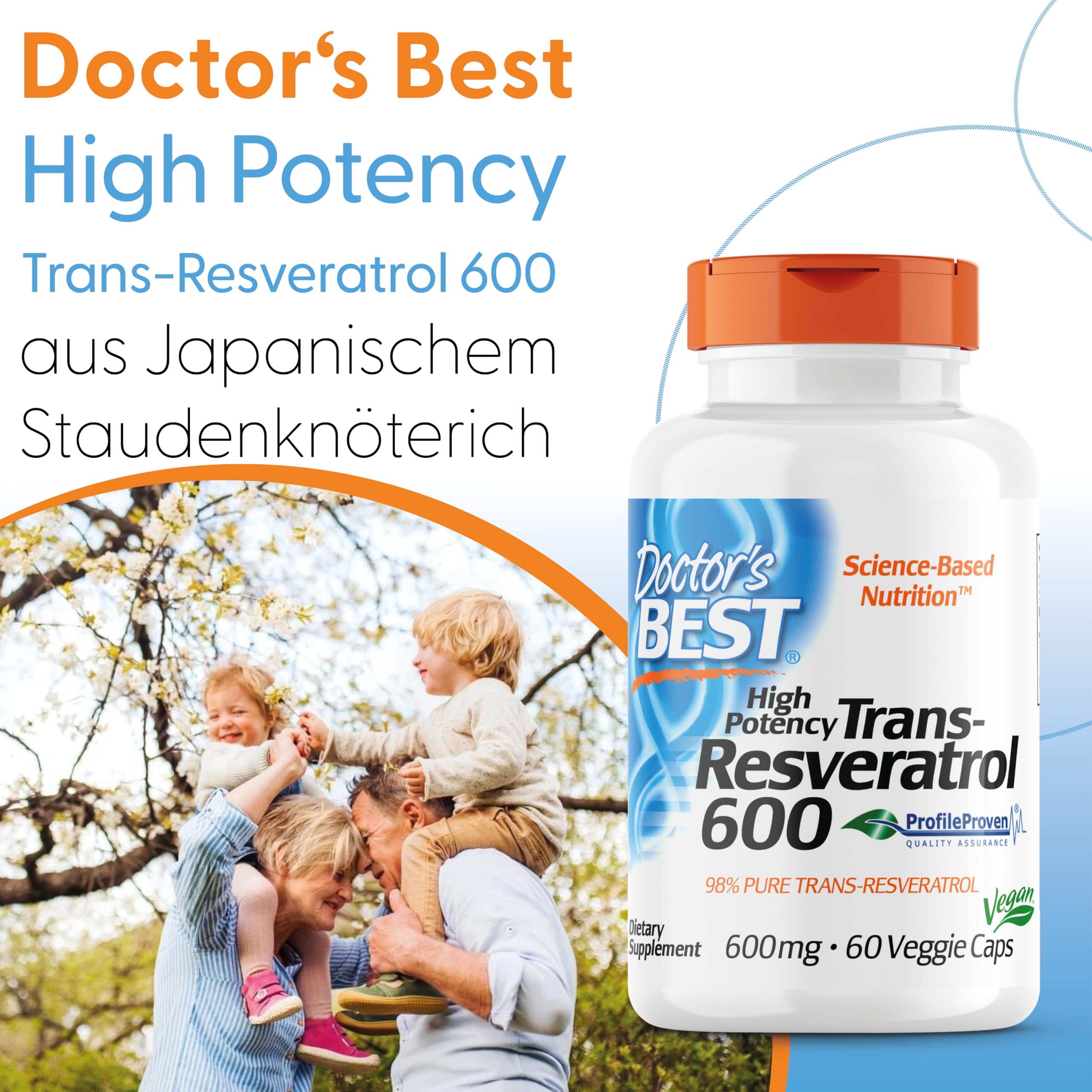 Doctor's Best, High Potency Trans-Resveratrol, 600mg, 60 vegane Kapseln, Laborgeprüft, Glutenfrei, Sojafrei, Vegetarisch