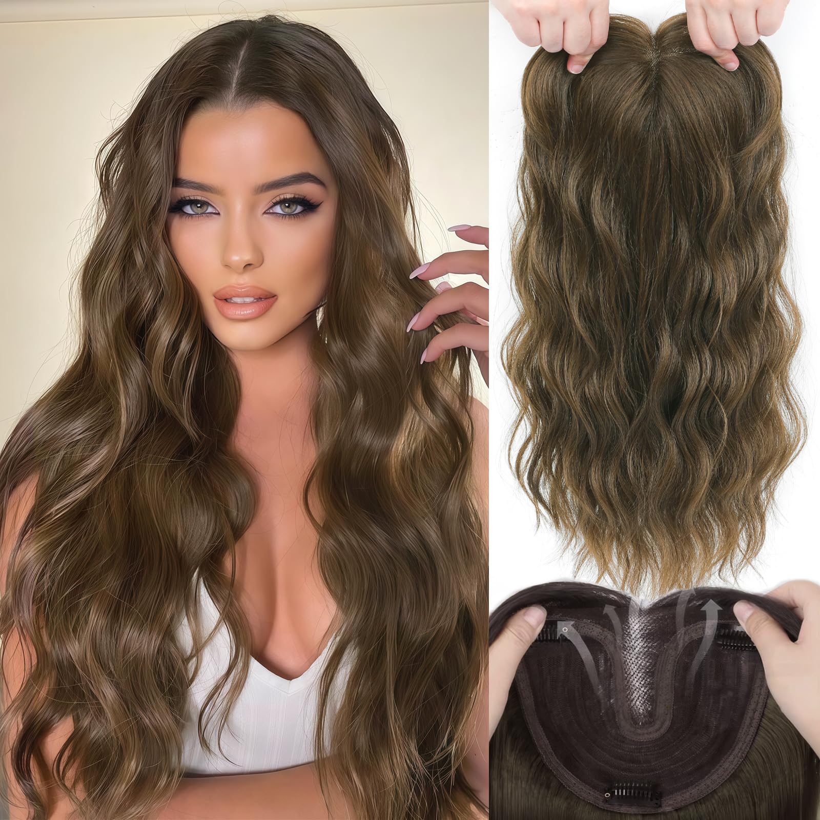 Photo 1 of OOPPOO Hair Toppers for Women, 20 Inch Hand Tied Breathable Toppers Hair pieces for Women with Thinning Crown Curtain Bangs Mix Human Hair Clip in Curly Lightweight Wiglets(Chestnu Brown)