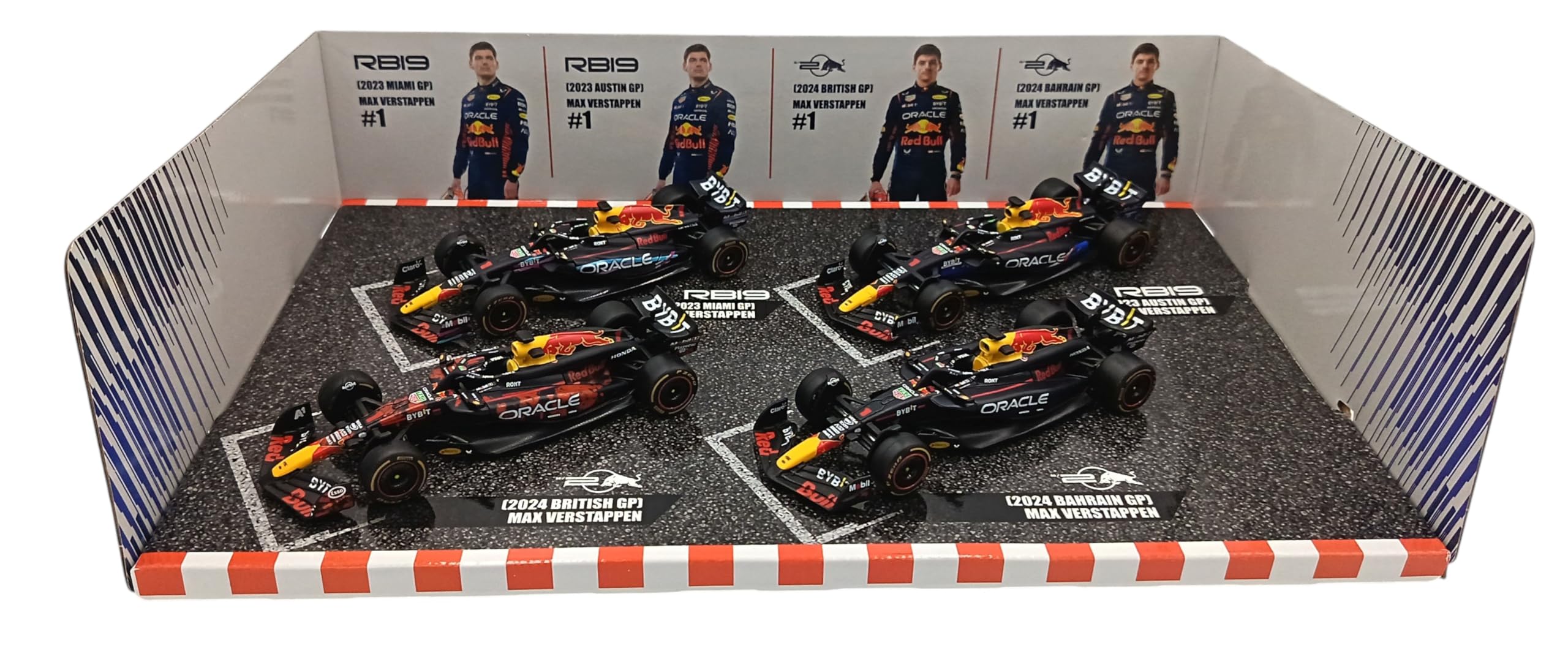 - Set of 4 Formula 1 Cars Compatible with Red Bull Racing Max Verstappen World Champion 2023-2024, 1/43 Scale, Bburago 38092