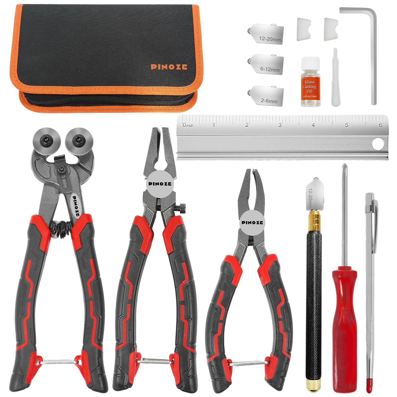 PINOZE 14-Piece Glass Cutting Tool Kit, Glass Cutter 2-20MM, 8" Wheeled Tile Nippers &amp; Glass Running Pliers, Breaker Grozer Pliers, Aluminum Cutting Ruler - for Stained Glass, Tiles, Mosaic Cutting