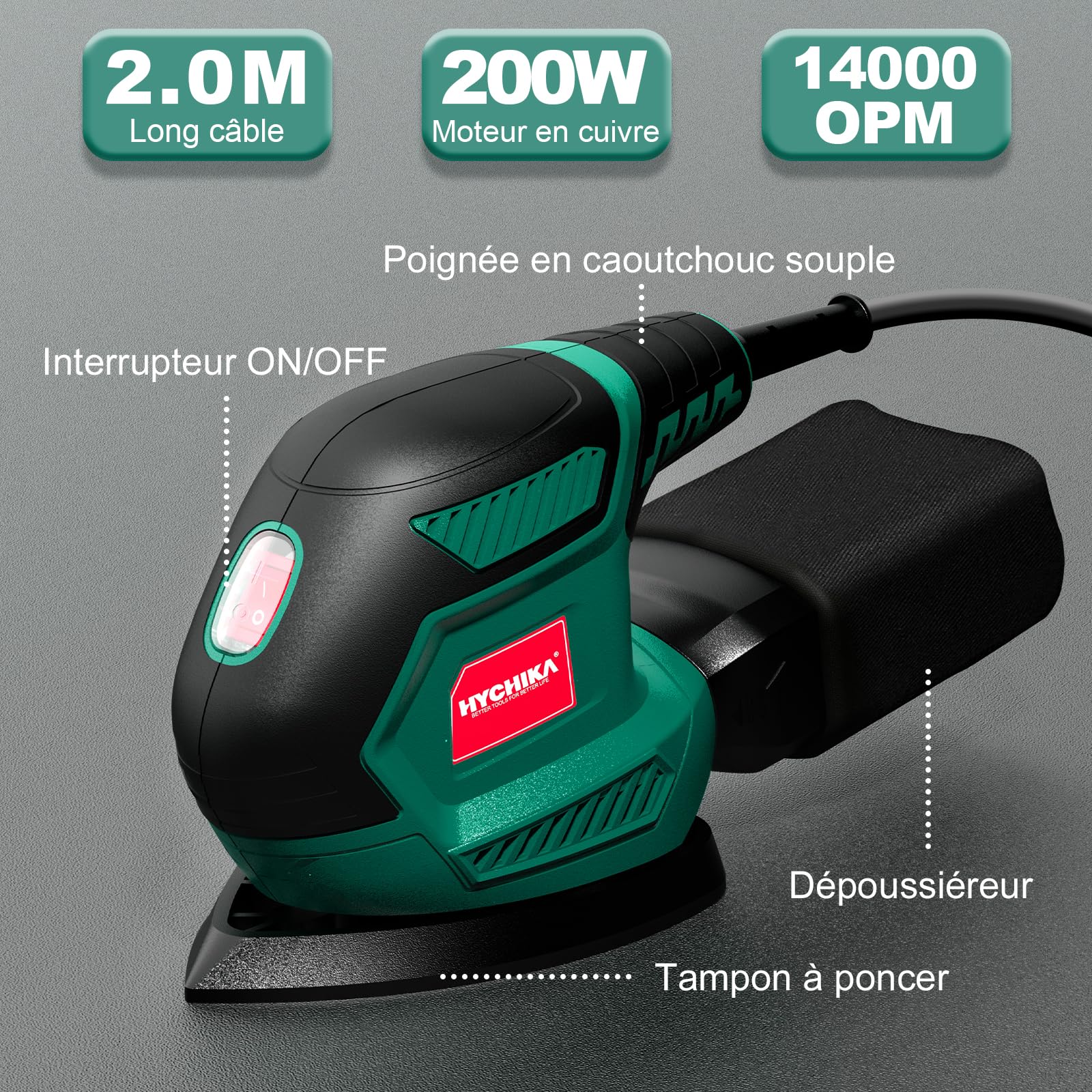 HYCHIKA Ponceuse Bois, 200W 14000RPM Ponceuse Electrique avec 12pcs Papier de Verre& Collecte de Poussière, Idéale pour Angles et Bords, Métal et Bois