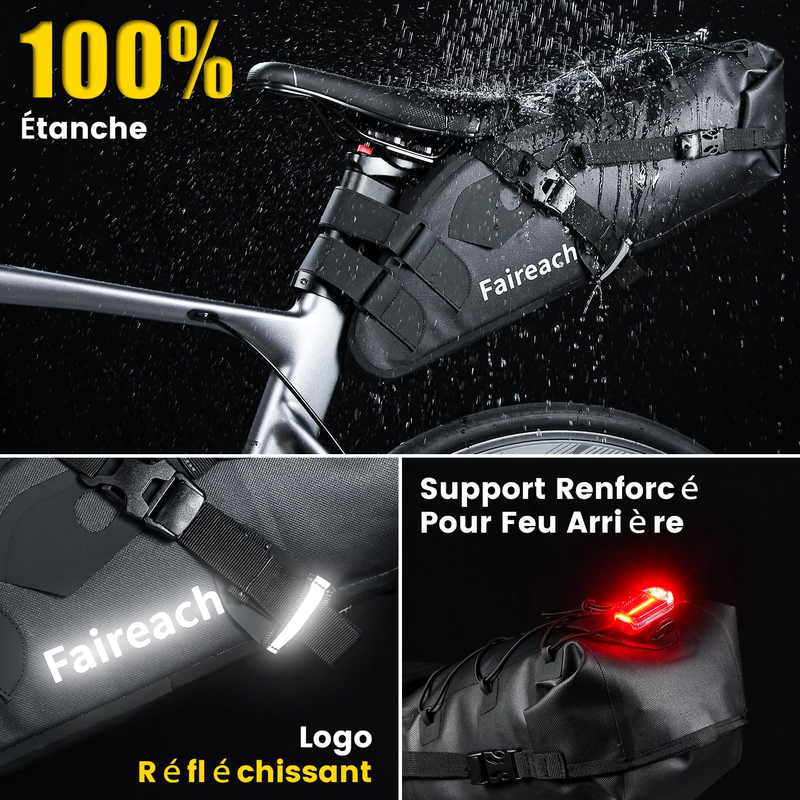 Sacoche de Selle Vélo Étanche 10L Grand Capacité, Sacoche Velo Arrière Universelle pour VTT Route avec Bande Réfléchissante, Support de Charge Lourd 5kg pour Cyclisme, Poche Imperméable Noir