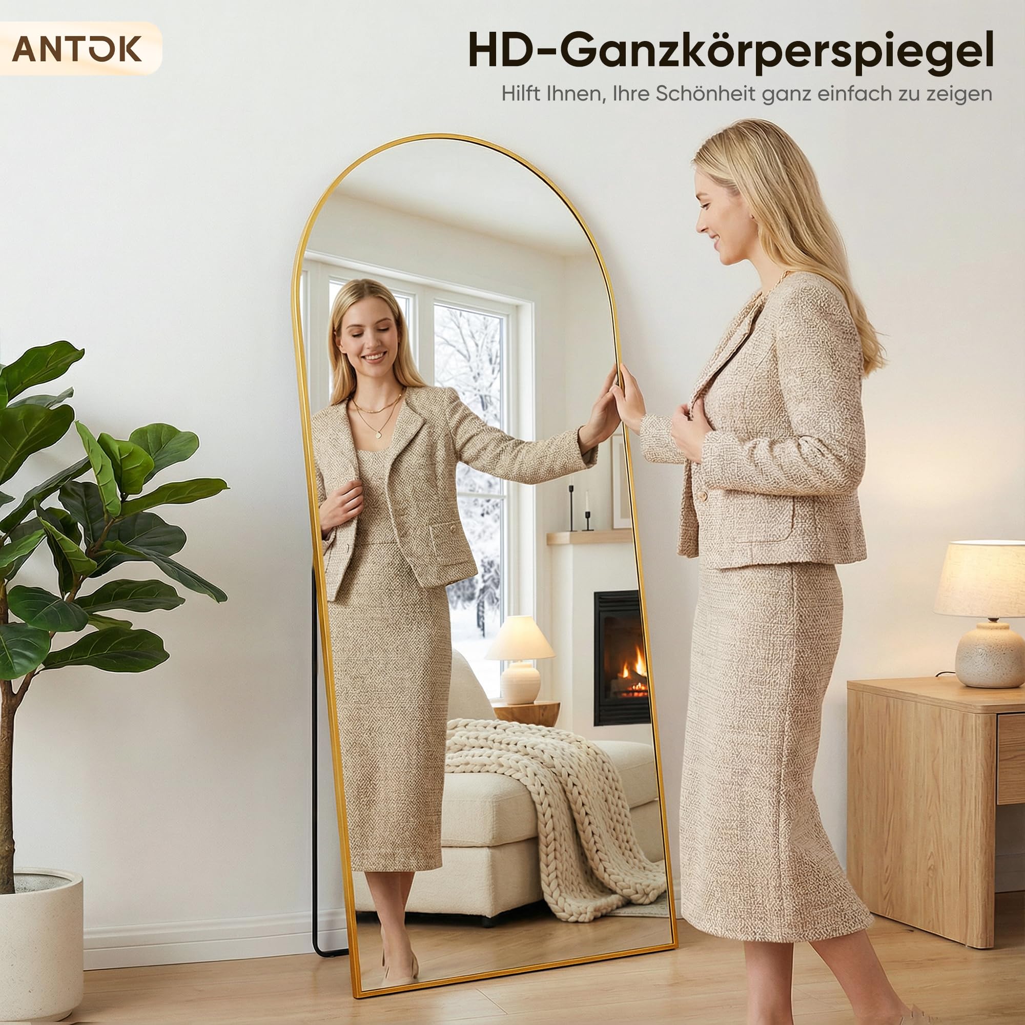 Antok 180x68cm Ganzkörperspiegel, Gewölbter Standspiegel, Rahmen aus Aluminiumlegierung, Bruchsicheres Glas, Bodenspiegel für Wohnzimmer, Ankleide, Gold