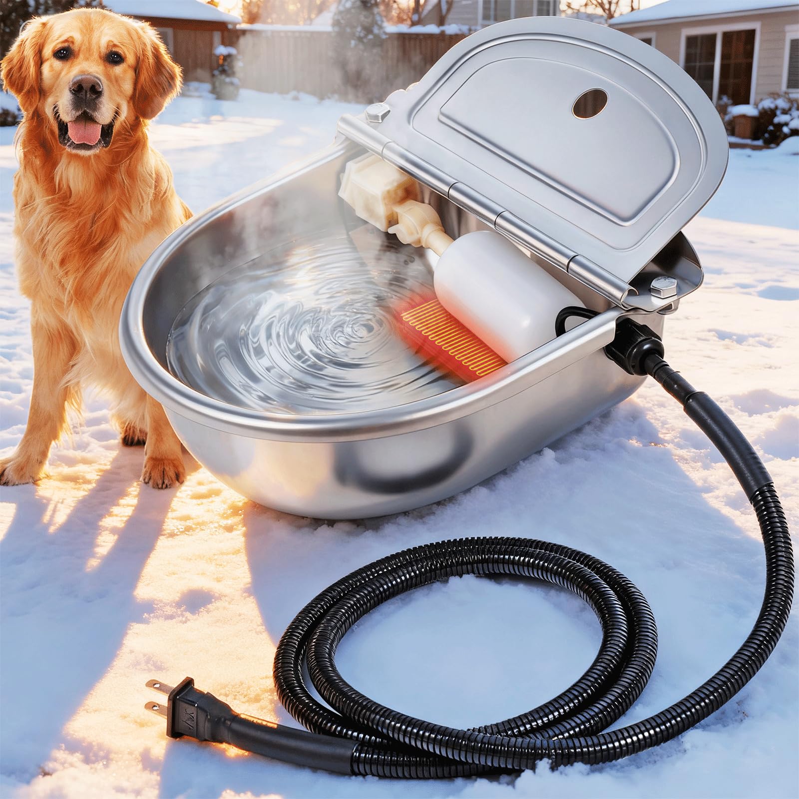 Cuenco de agua con calefacción para gatos al aire libre, cuenco térmico automático para perros con cable antimasticación y dispensador automático de agua para perros, gatos, caballos, vacas