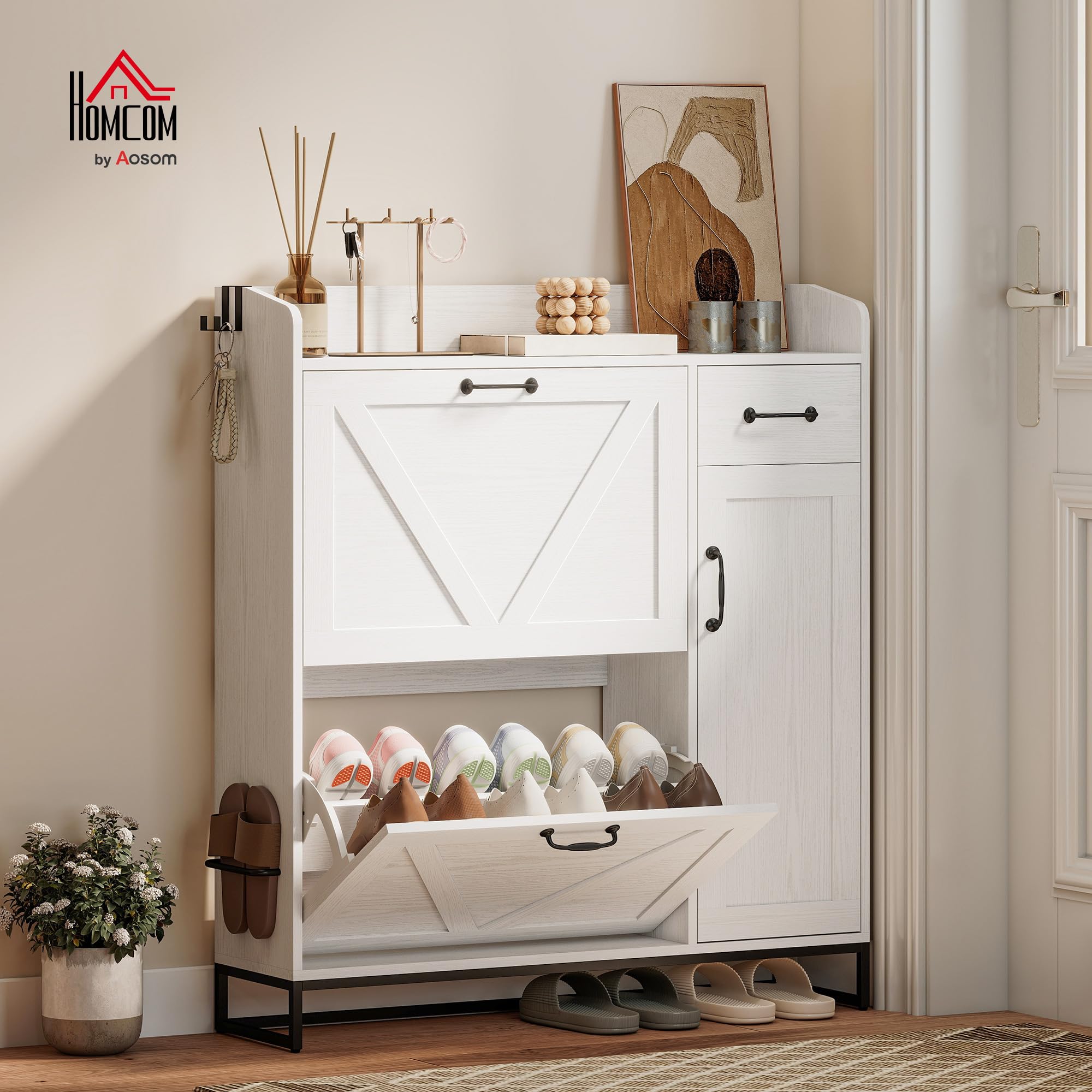 HOMCOM Zapatero Estrecho con 2 Cajones Abatibles 106,7x26x116 cm Blanco | Zapatero Entrada Recibidor Rústico, con Cajón y Estantes Ajustables, para 12 Pares de Zapatos, Espacio Reducido