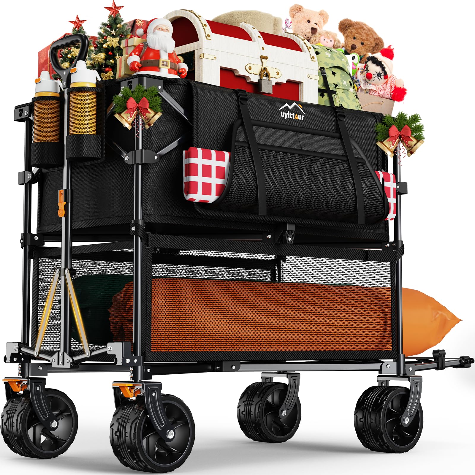 Uyittour Foldable 50''L Extra Long Double Decker Wagon for Sport, 400L Collapsible Heavy Duty Wagon Cart with Big Wheels, Utility All-Terrain Large Extender Cart for Outdoors