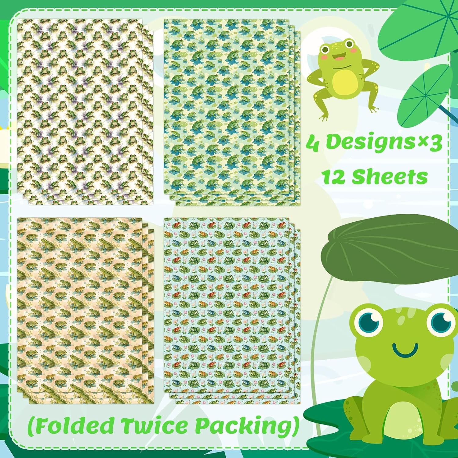 Pineraap Watercolor Frog Wrapping Paper 12 Sheets Lotus Designs Animal Gift Wrap for Frog Lovers, Birthday, Baby Shower, 20"×28" - Image 2