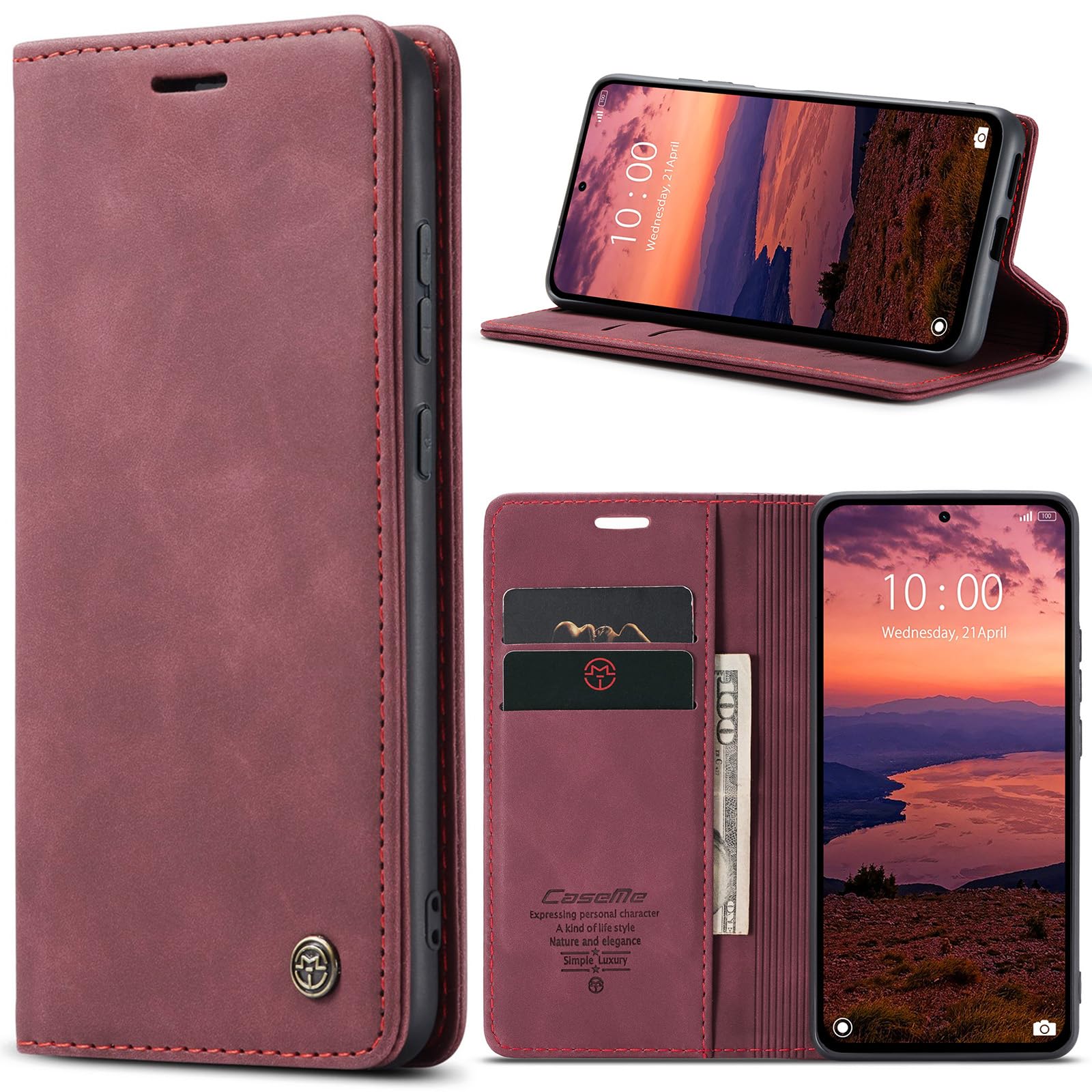 Custodia per Xiaomi 14 Cover Flip Caso in PU Pelle Libro Portafoglio Custodia Slot Schede Supporto Stand Chiusura Magnetica per Xiaomi 14, Rosso rosato
