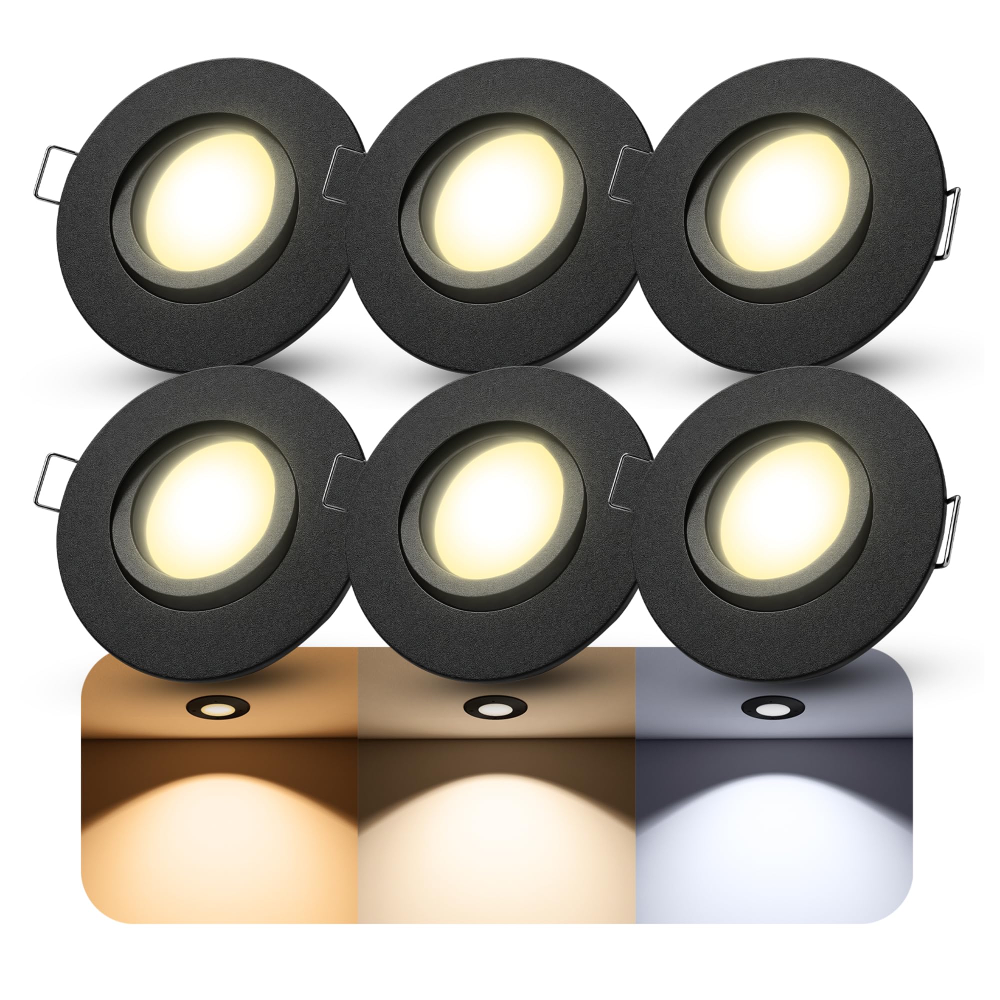 SSC-LUXon 6x ORVIA Einbaustrahler Schwenkbar IP65 - inkl. LumiFLEX dimmbar 6W Birne 3 Lichtfarben warm neutral kalt - Deckenspot für Feuchträume
