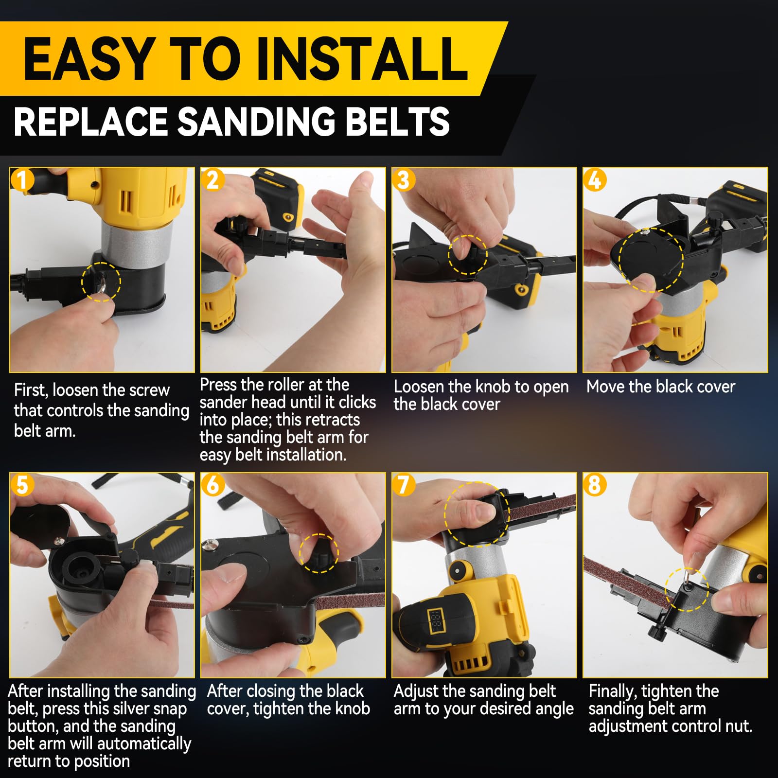 Akku Bandschleifer Kompatibel mit Dewalt 18/20V, 13.000 U/min Bürstenloser 360° Einstellbarer Akku Bandfeile mit Schleifarme 9 mm&13 mm, 20 Schleifbänder für Holz Metall Kunststoff