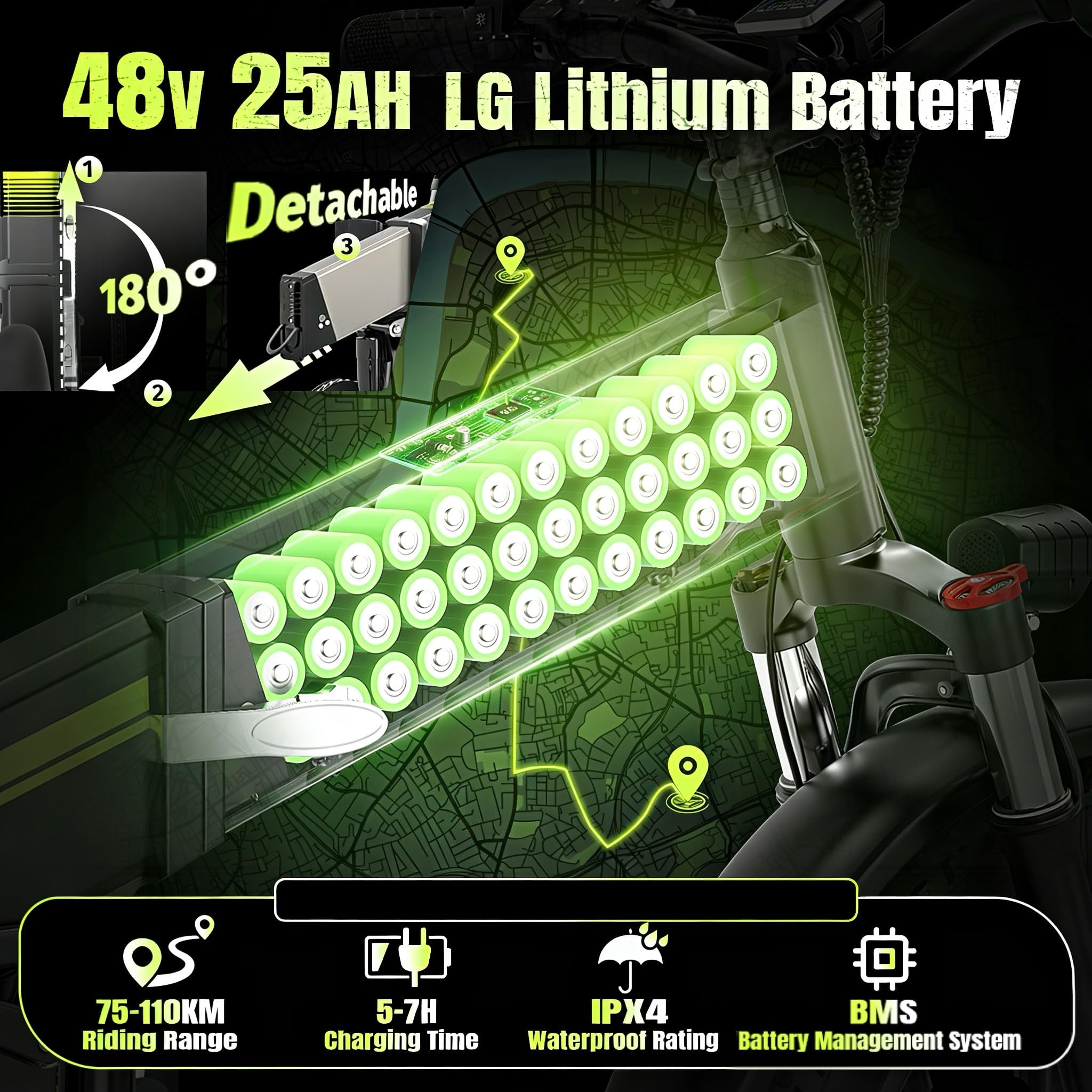 DEEPOWER H20 PRO Bicicleta Eléctrica, Batería Extraíble 48V 25Ah, Autonomía 70-110KM, Motor con Par 120N·m, Neumáticos Anchos 20'' x 4.0, 7 Velocidades, Suspensión Hidráulica Completa