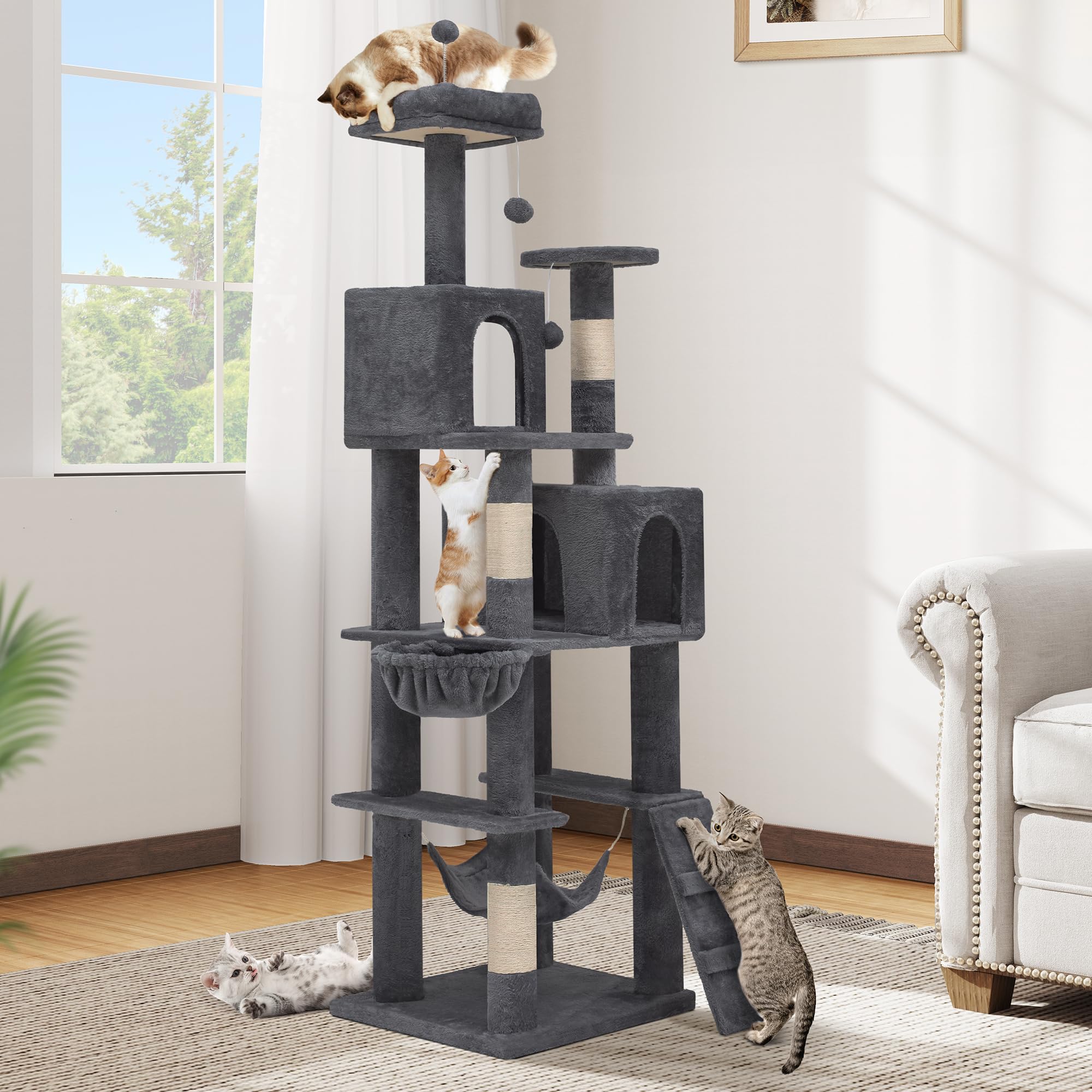 DWVO 75-inch Indoor Cat Tree Tower, Multi-Level Pet Playground, Cat Furniture with Scratch Posts, Hideaway Condos, Soft Perch, Snug Hammock, Climbing Ladder, and Plush Balls for Kittens (Dark Gray)
