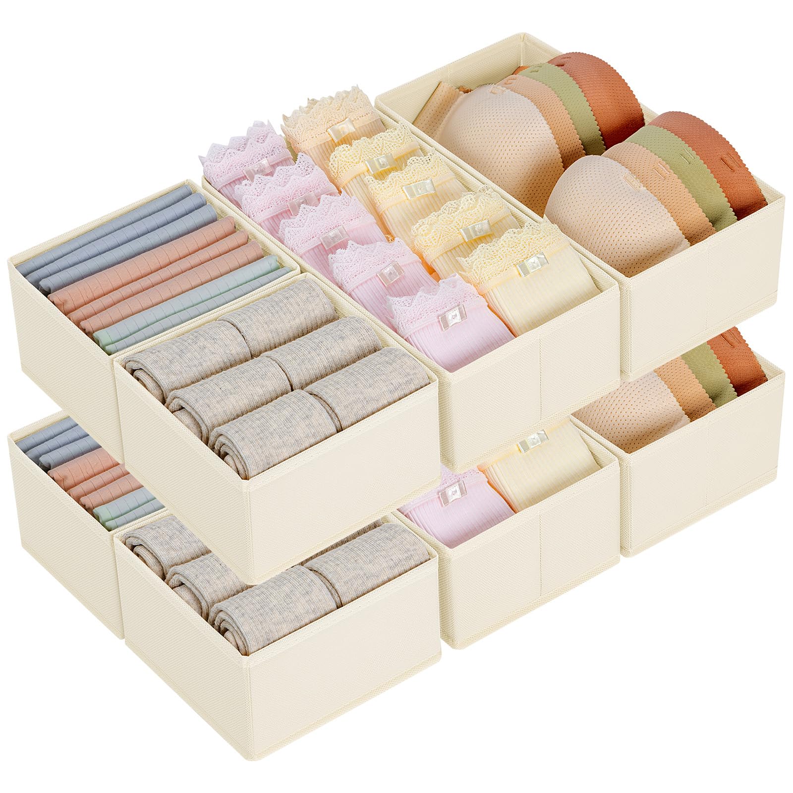 DIMJ 8 Stück Schubladen Ordnungssystem Schubladen Organizer, Faltbare Aufbewahrungsbox Stoff, Schubladeneinsätze für Kleiderschränke, Kleiderschrank Organizer für Kleidung, Beige