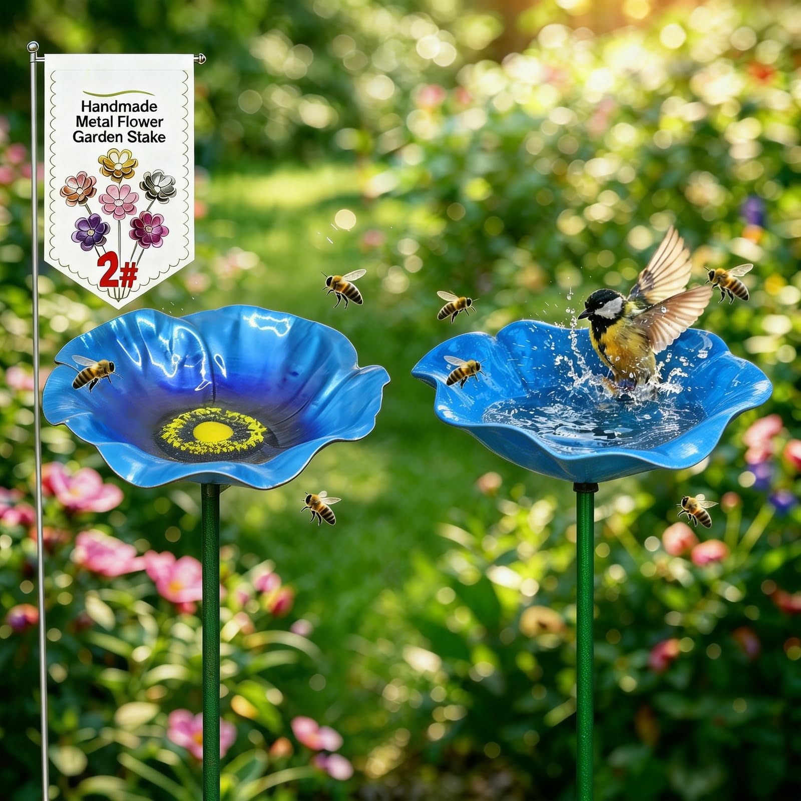 Metal Flower Garden Stakes Bird Bath Handmade, Flower Bird Feeder, Bees Bath for Garden Metal, Colorful Butterfly Bees Bath Bowl for Outdoor Yard Decor (2PCS-Blue)