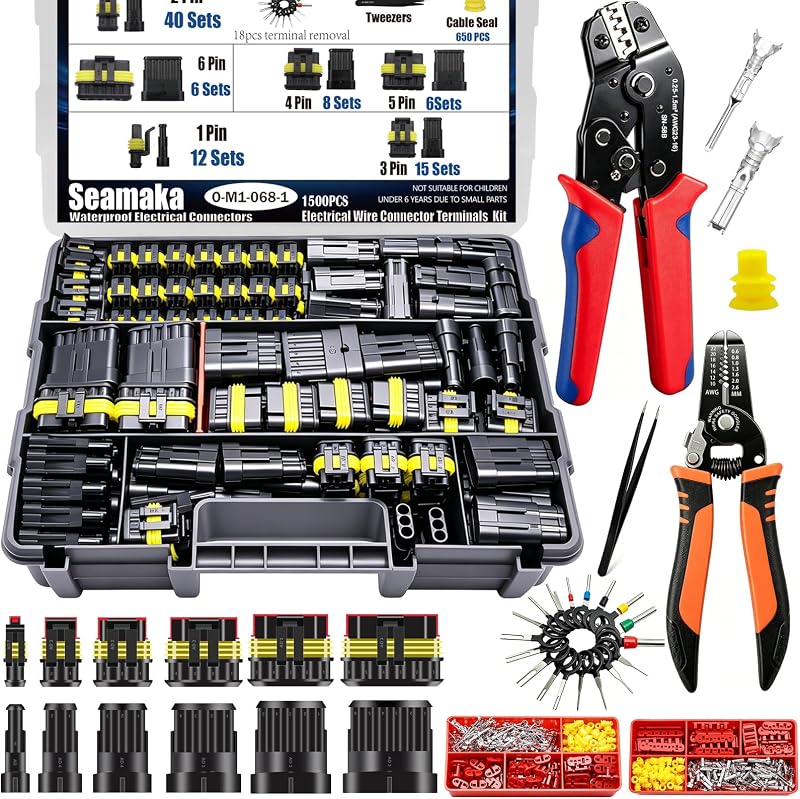 Kit de Conectores Elétricos Automotivos Impermeáveis Seamaka com Alicate de Crimpagem – 1500 peças