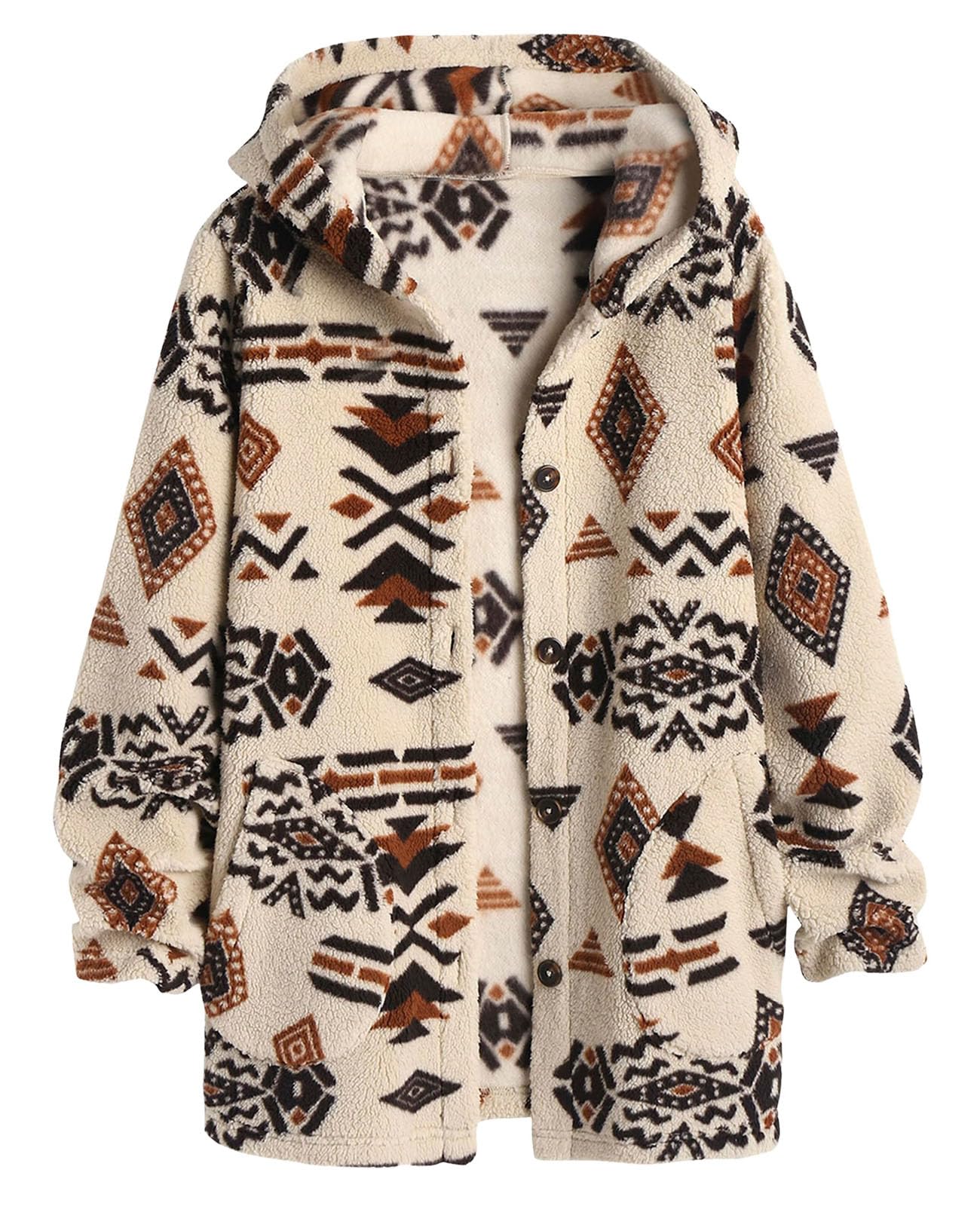 SELINK Womens Aztec Print Fleece Hoodie Jacket Button Down Shacket Casual Sherpa Coats Warm Outwear with Pockets