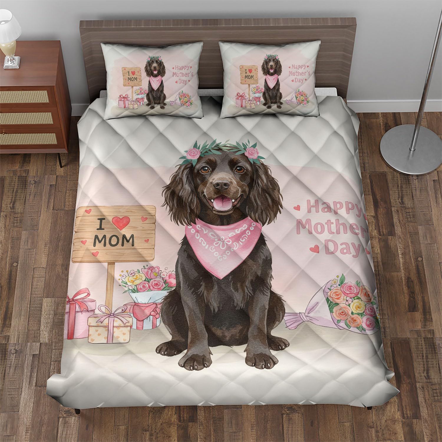 Ninety3POD Happy Mother's Day Boykin Spaniel Love Dog Mom Heart Flower Quilt Bedding Set Dog Lover 1 Blanket Bed Cover 2 Pillowcases 12004