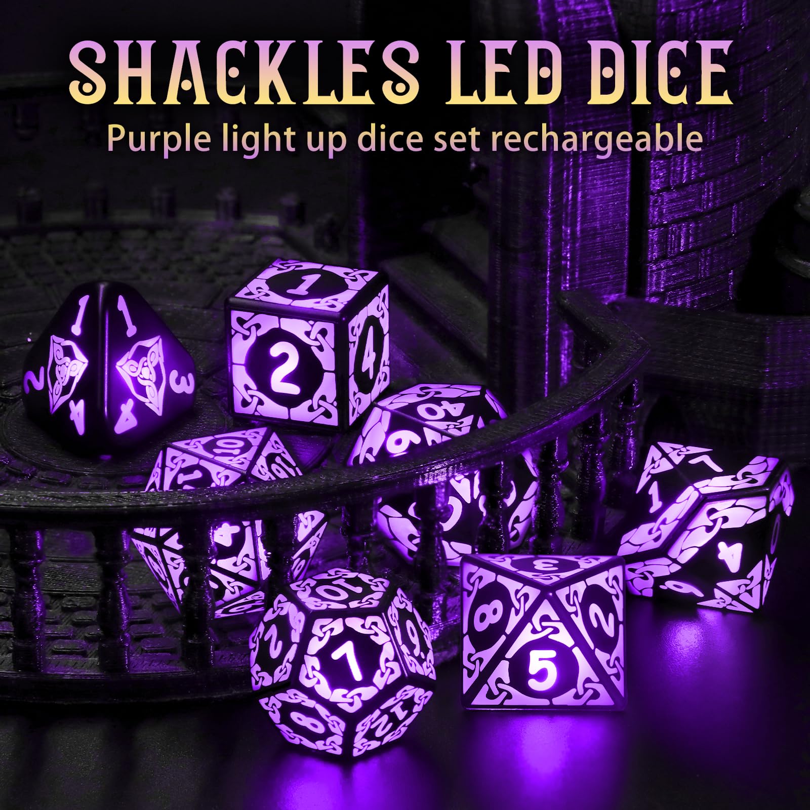 ZHOORQI Juego de dados LED DND recargables, dados de luz fría, carga inalámbrica para Dungeons and Dragons, dados poliédricos para juegos de rol, regalos D&D (grilletes morados)