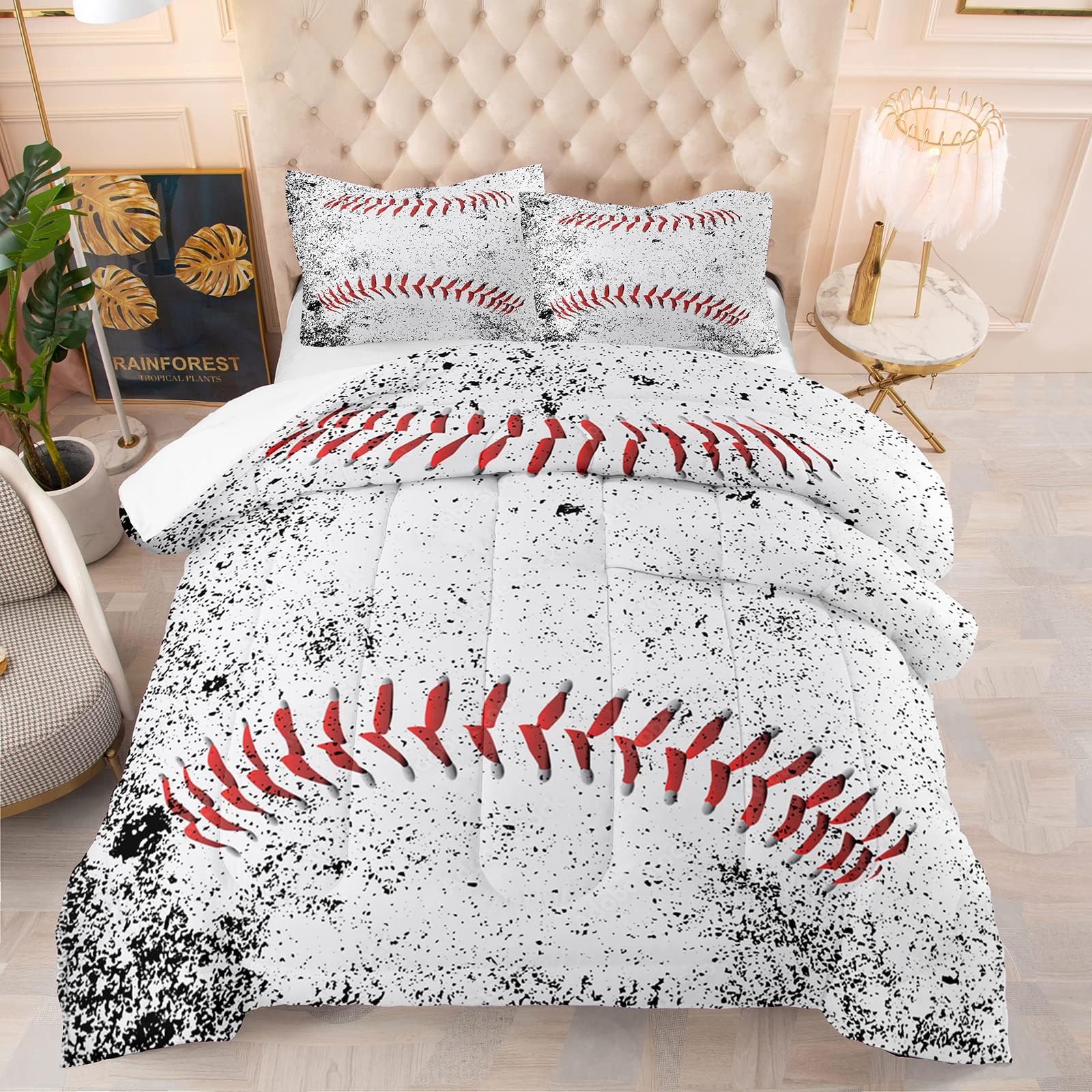 NINENINE Baseball Bedding Sets Full Size Sports Bedding Sets for Boys 5PCS Teen Boy Bedding White Comforter Sets(1Comforter, 1Flat Sheet, 1Fitted Sheet, 2Pillowcases)