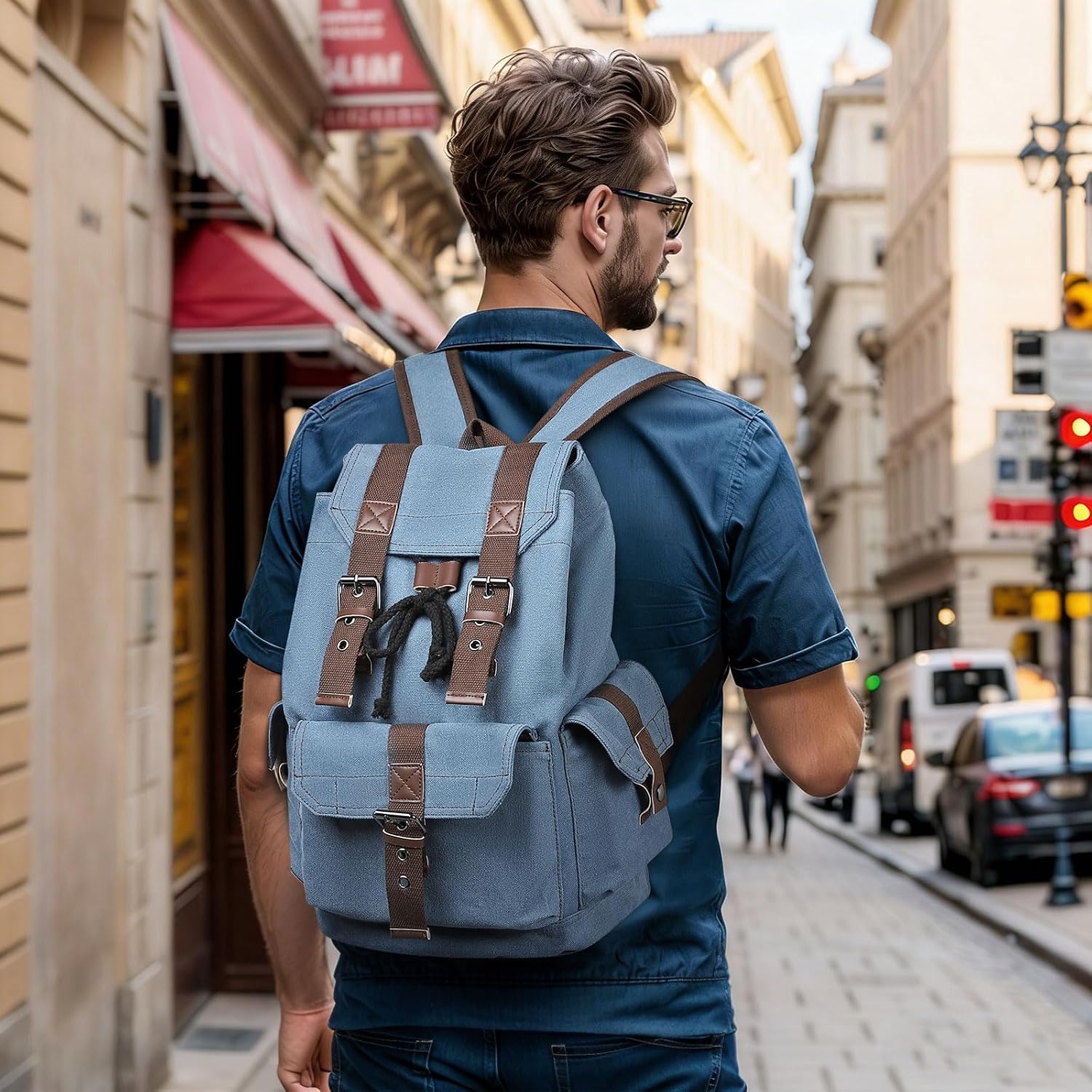Vintage Canvas Backpack for Men Women, Durable Casual Daypack, Large Capacity Travel Rucksack Fits for Hiking and Daily Use (Blue)