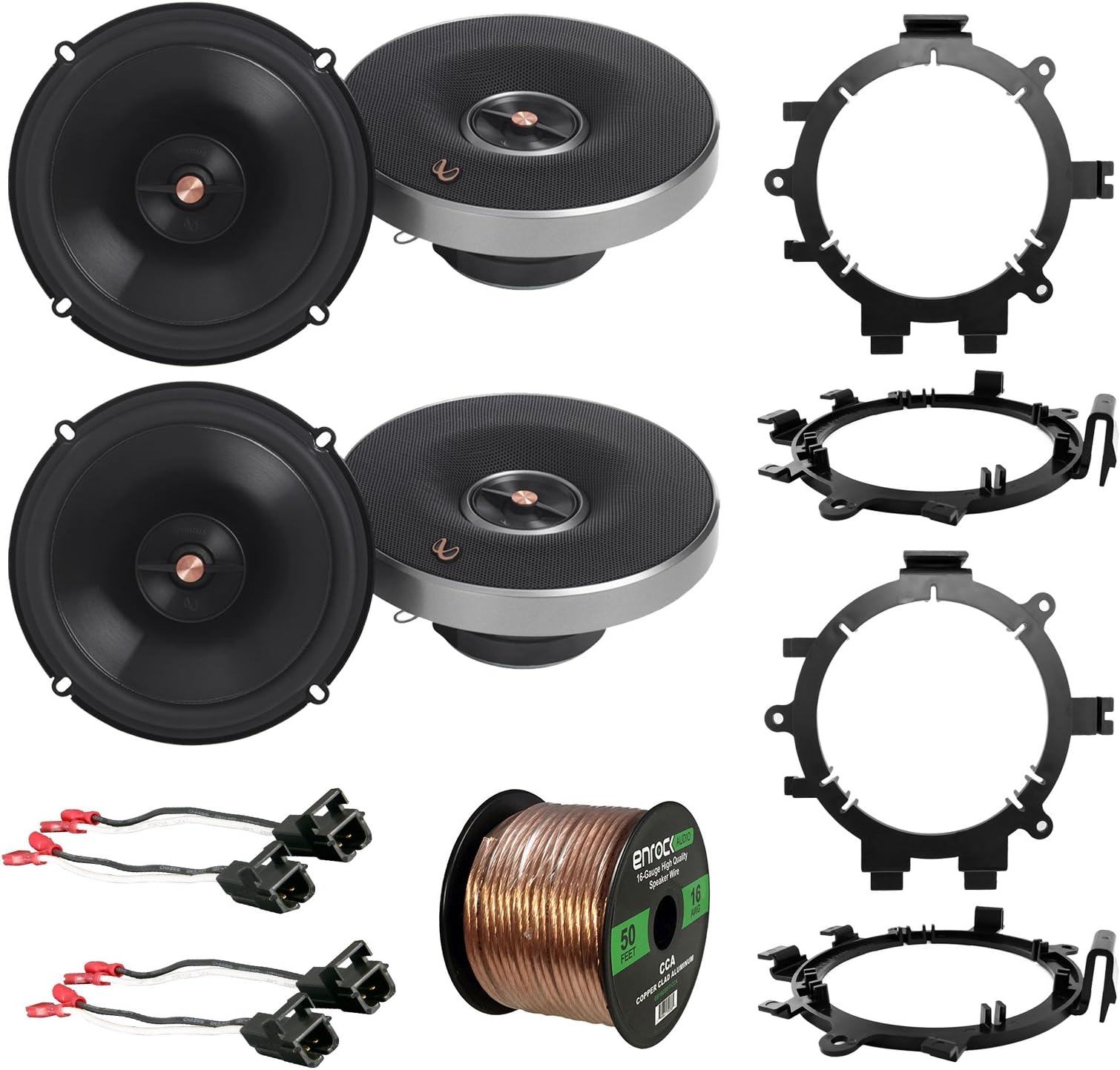 4X Infinity Primus Series 6.5" 2-Way Multi-Element Speakers, with 4X Enrock Speaker Mounting Brackets, 4X Speaker Wire Harness, Enrock 16-Gauge 50 Foot Wire
