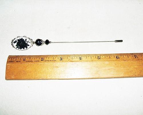 BLACK ROSE CAMEO Long Hatpin Stick Hat Pin Vintage Style Silver Plt