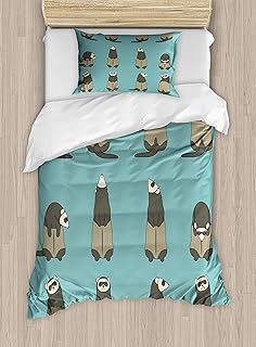 Lunarable Ferret Duvet Cover Set, Graphic Ferrets in Various Poses as Standing and Looking Down Composition, Decorative 2 Piece Bedding Set with 1 Pillow Sham, Twin Size, Taupe Khaki Pale Blue