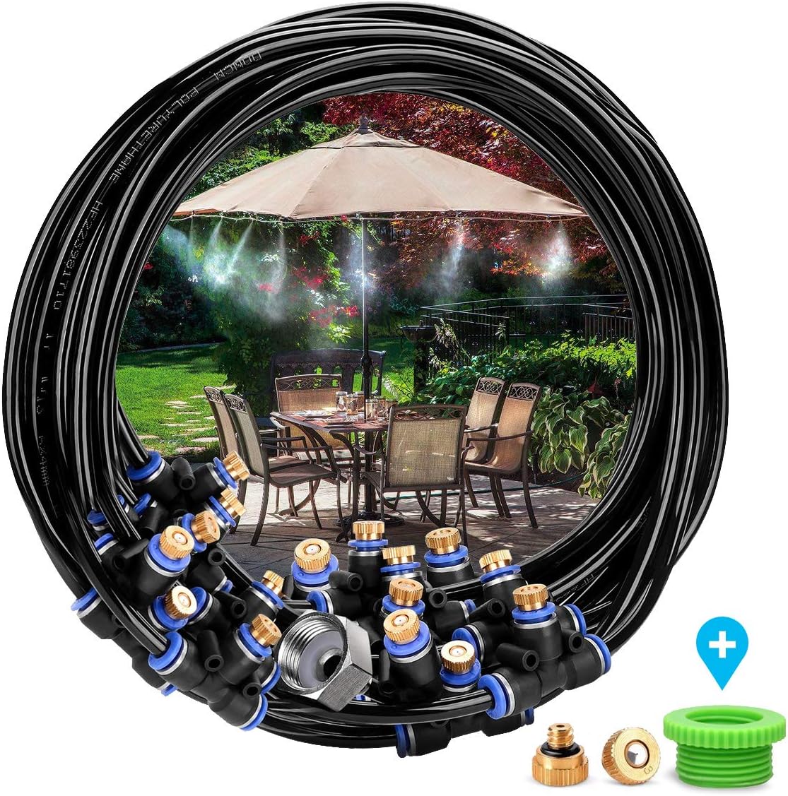 Landrip Misting Cooling System, 59FT Misting Line+ 9 Brass Mist Nozzles + Brass Adapter(3/4") Outdoor Mister for Patio Garden Greenhouse Trampoline for waterpark
