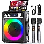 Karaoke Machine, Portable Bluetooth Karaoke Speaker with 2 Wireless Microphones, PA System for Adults Kids with LED Lights, Supports FM/AUX/USB/TF for Home Party