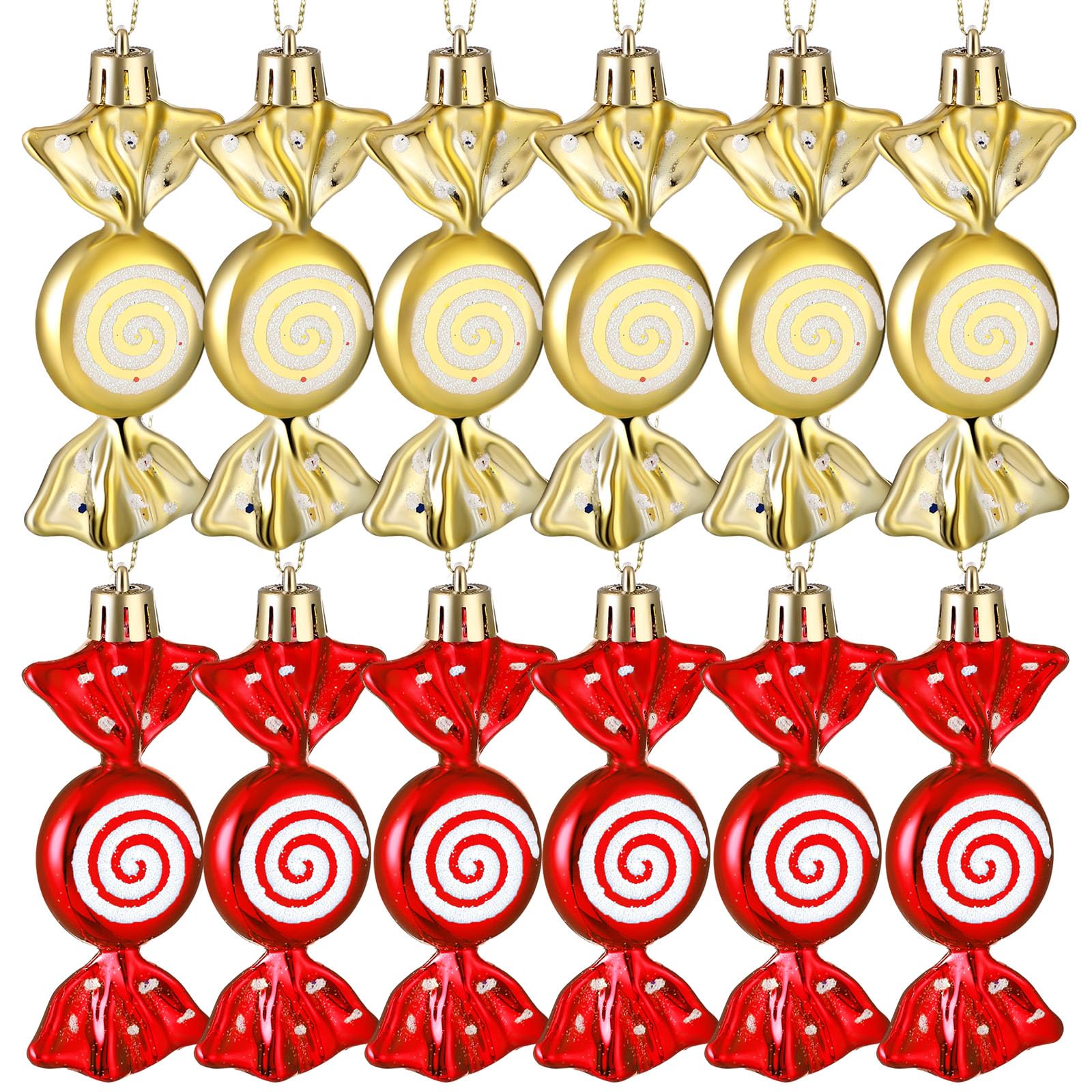 Threan 12 Pcs Christmas Candy Ornaments for Tree Decoration Hanging Glitter Candy Cane Christmas Peppermint Ornament with Golden Rope for Xmas Holiday Decoration(Red