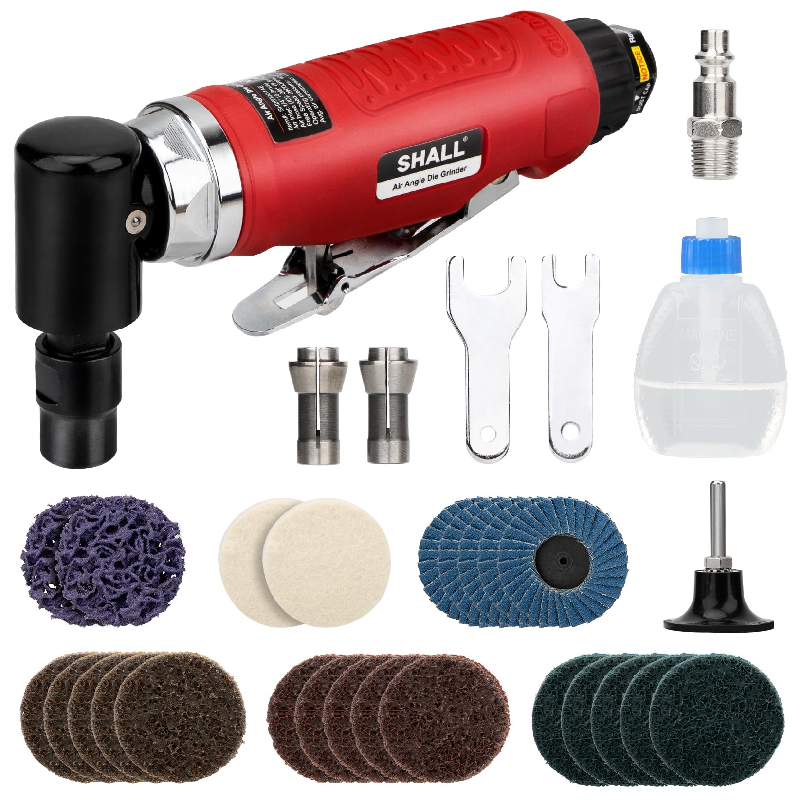 SHALL Right Angle Die Grinder, 90 Degree, 1/4" & 1/8" Collets, 24PCS Sanding Discs, Air Connector, Lubricant and Chuck Key Included, for Grinding,
