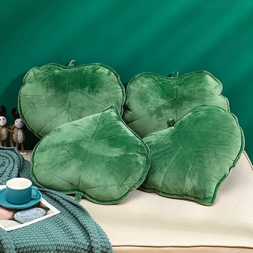 Miniatura 1 de Tatuo 4 almohadas 3D en forma de hoja, almohada de felpa verde oscuro, almohadas decorativas para amantes de las plantas, almohada estética linda