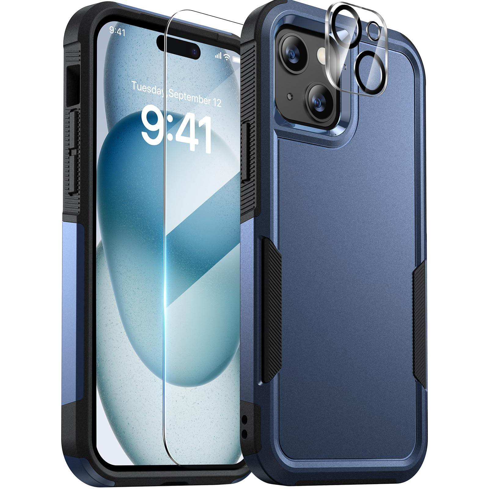 Diaclara Designed for iPhone 15 Case, [Military Grade Drop Protection] with 9H Tempered Glass Screen Protector + Camera Lens Protector Heavy Duty Full-Body Shockproof Phone Case for iPhone 15, Blue