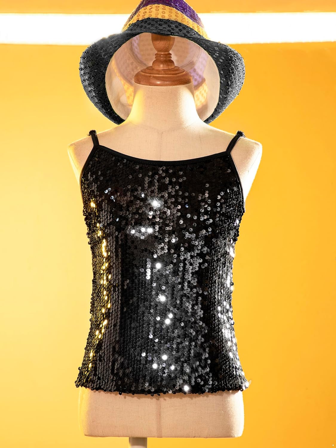 Girls Sparkly Sequin Tank Top Camisole Adjustable Straps Sleeveless Shirt for Dancing Stage Performance