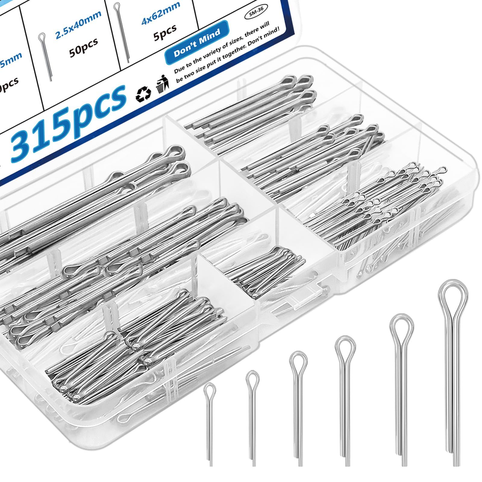 Seept 315Pcs Cotter pins Assortment kit Zinc Plated Cotter pins Steel Split Pin Fastener Clips for Automotive, Axles, Trailer Hitch, Tractors Hardware pins