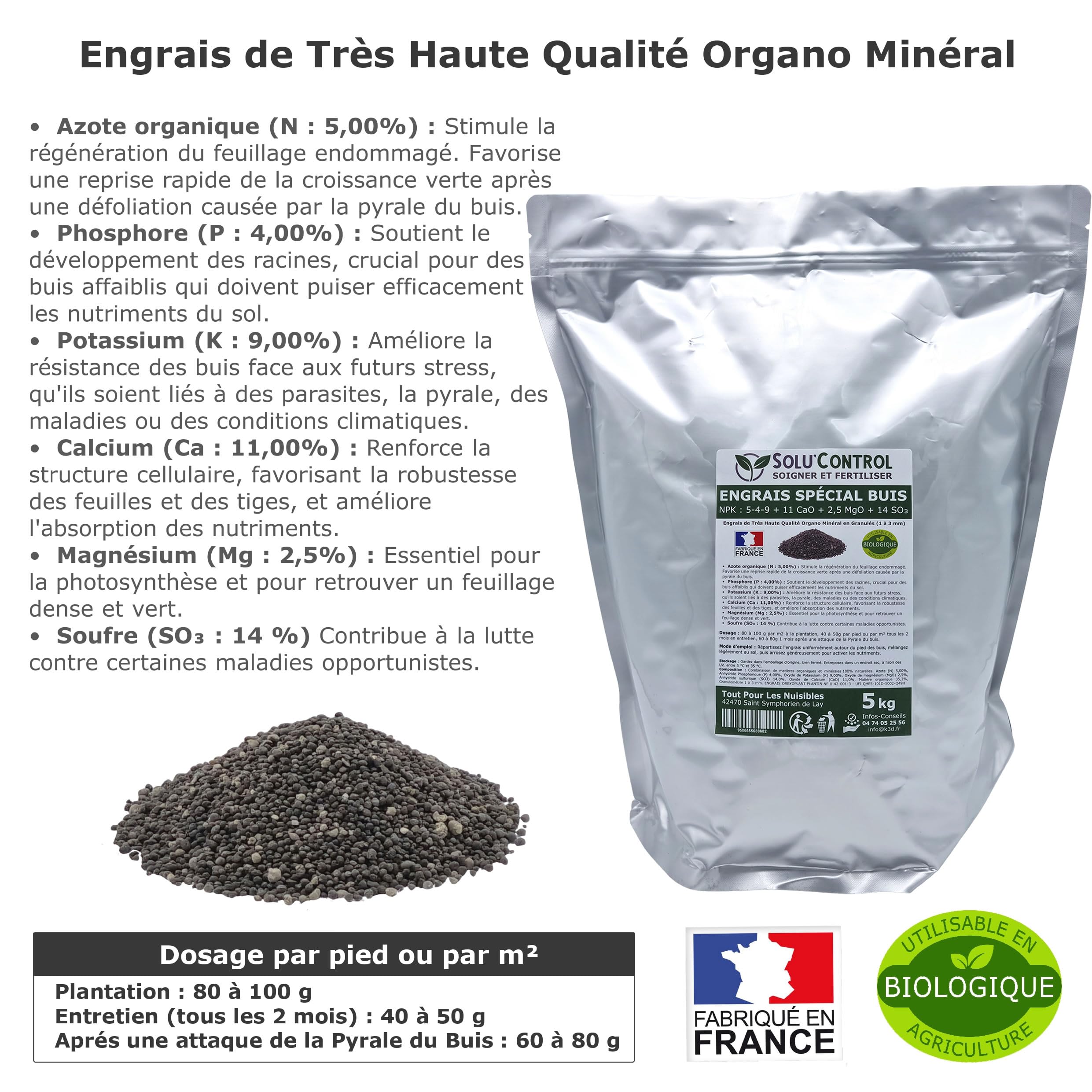 Engrais Spécial Buis 5 kg - SoluControl - Formulation haute qualité Organo-Minerale - Idéal après attaque de la chenille de la Pyrale ou maladies du buis