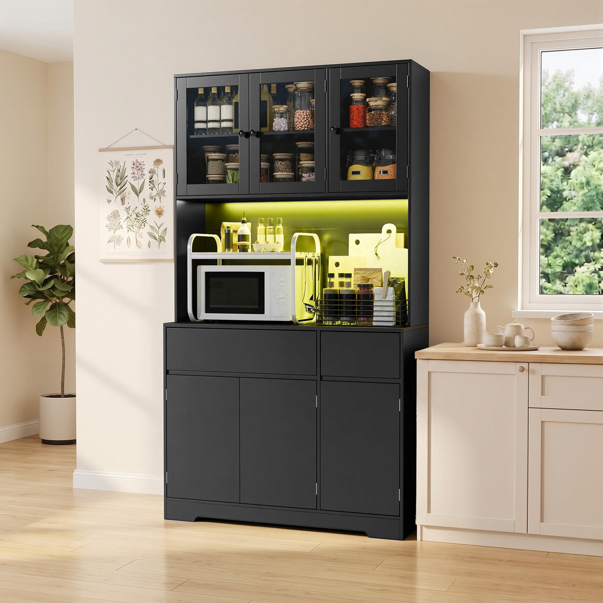 Xbro Armario Cocina Alto con LED y Enchufe, Mueble Auxiliar Cocina con Vitrina 6 Puertas 2 Cajones, Ideal para la Cocina, el Comedor y el salón, 100x38,5x180 cm