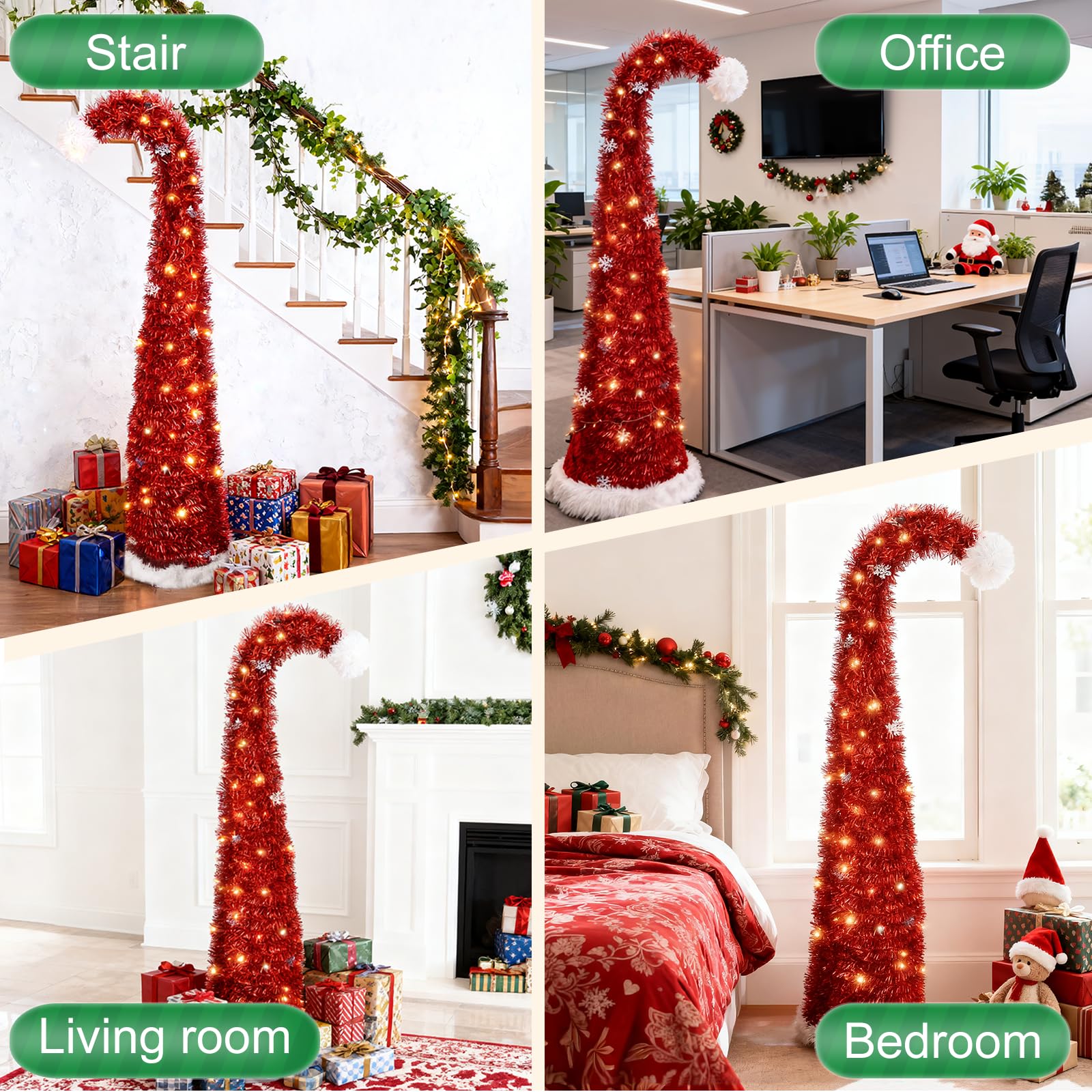 150cm Albero di Natale pop up slim a forma di cappello di Babbo Natale rosso con fiocchi di neve, albero di Natale pieghevole veloce per camera, aula, ufficio e feste