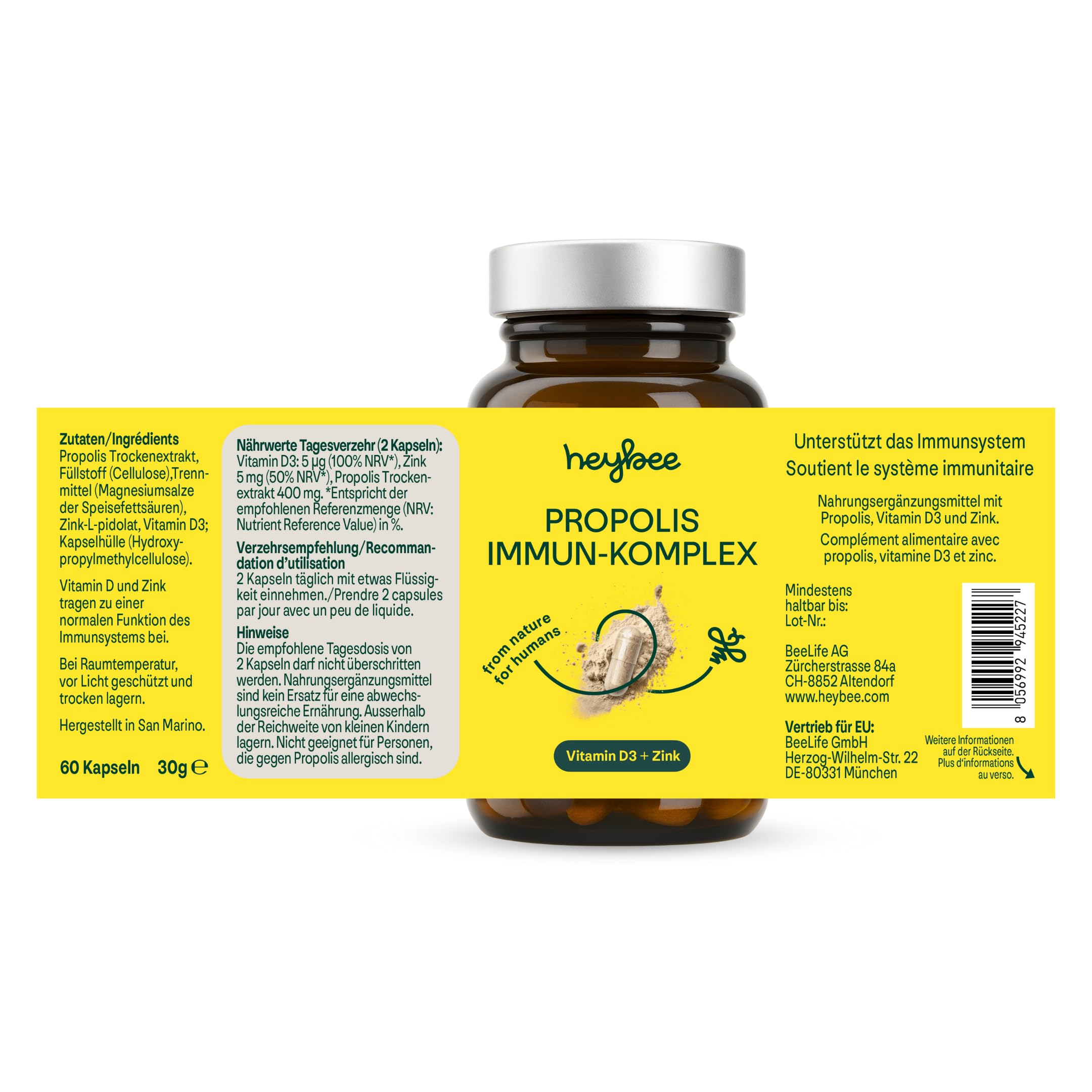 Propolis-Kapseln – pflanzliche Kapseln zur Immunstärkung mit Vitamin D und Zink (1x 60 Kapseln), für Kinder und Erwachsene, Unterstützung während der Pollenallergie