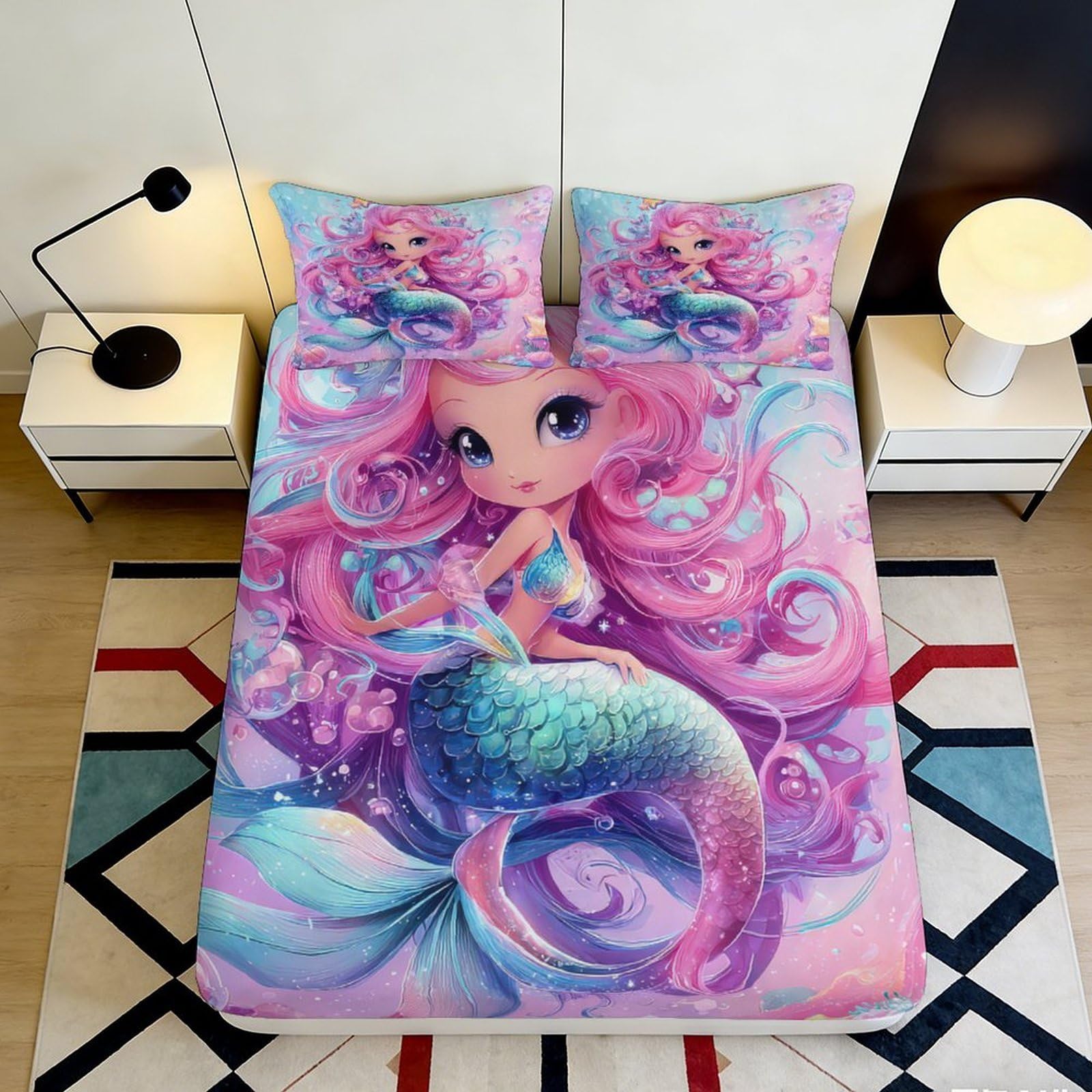 3D Printed Mermaid Fantasy Fitted Sheet Microfiber Soft Pink Blue Bedroom Decor Ocean Dream Mattress Cover 140x200x25cm