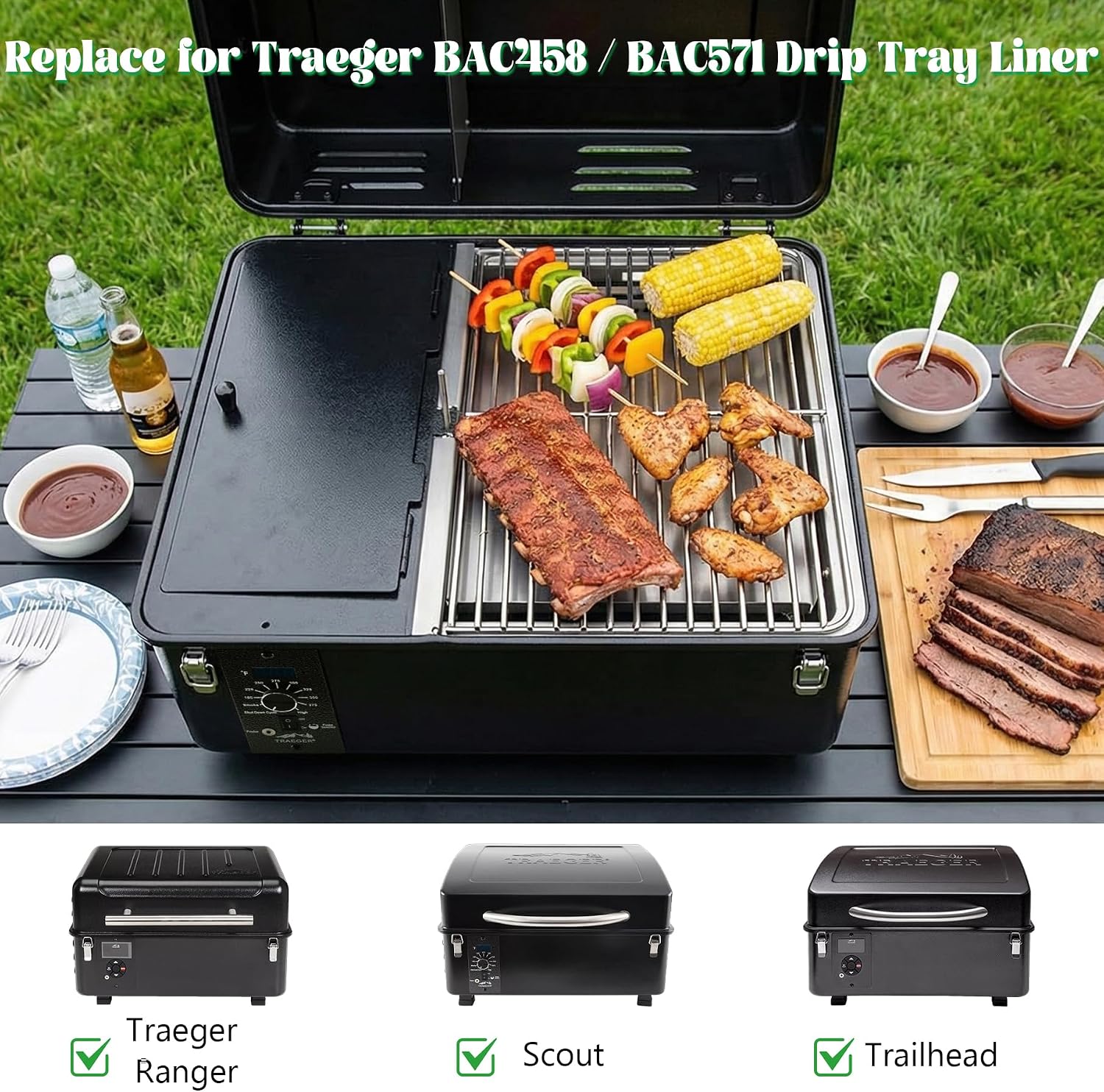 BAC458 Drip Tray Liner for Traeger Ranger Scout Trailhead Portable Grill Replacement Aluminum Foil Grease Pan Liners BAC571 Parts Tabletop Pellet Smoker BBQ Accessory 15-Pack image 2